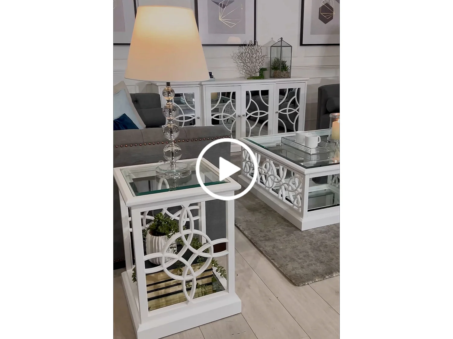 Etienne White Sideboard - Oak Veneer, Mirror Doors, Fretwork Detailing
