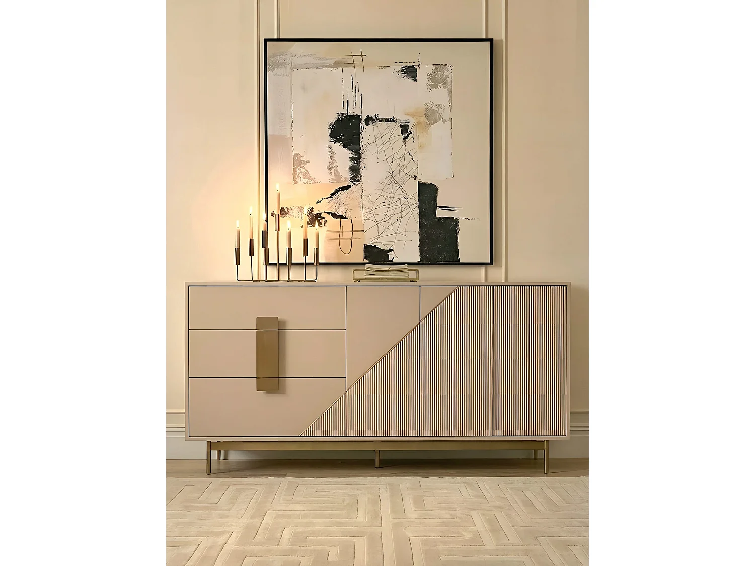 Canford Sideboard, FSC-certified Oak, Latte Polyurethane Finish, Matt Brass Details