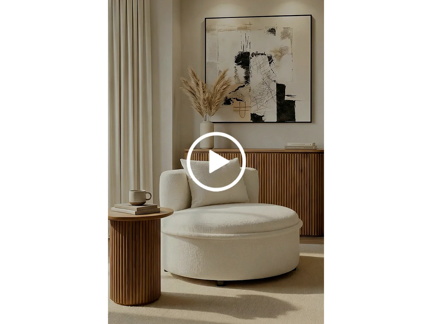 Tubio Tub Lounge Chair Ivory Chenille - Puffy Foam Seat, Feather Cushion, Satin Black Legs