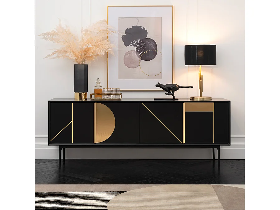 Origami Media Sideboard - FSC Oak, Black Polyurethane Finish, Matt Brass Inlay