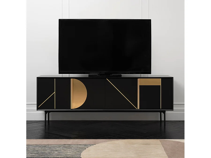 Origami Media Sideboard - FSC Oak, Black Polyurethane Finish, Matt Brass Inlay