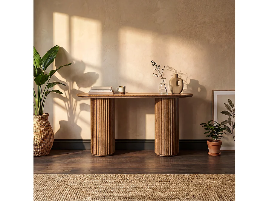 Ophelia Chestnut Oak Veneer Console Table, Japandi Pedestal Design