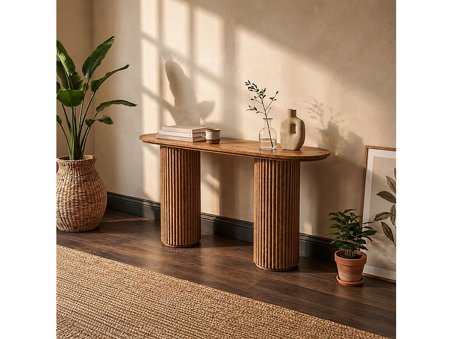 Ophelia Chestnut Oak Veneer Console Table, Japandi Pedestal Design