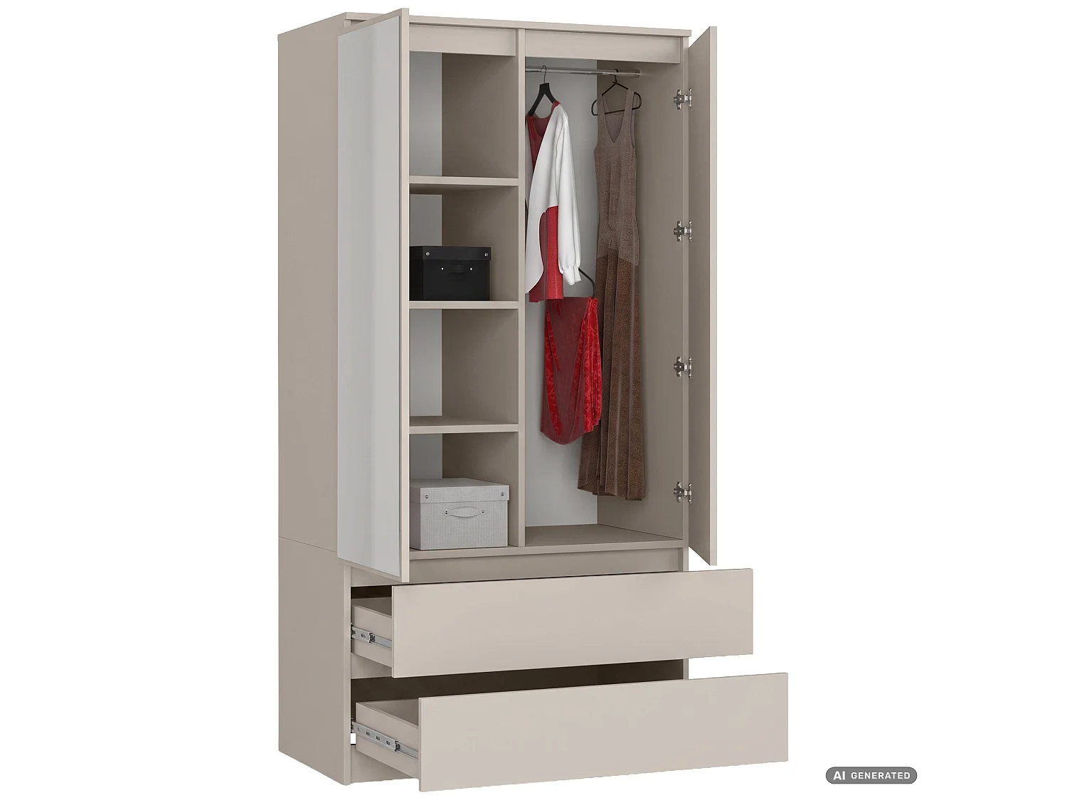 Kledingkast S90 Kasjmier 90 cm met spiegel 2 deuren 2 lades kleur Kasjmier mat 4 planken 90x51x180 cm