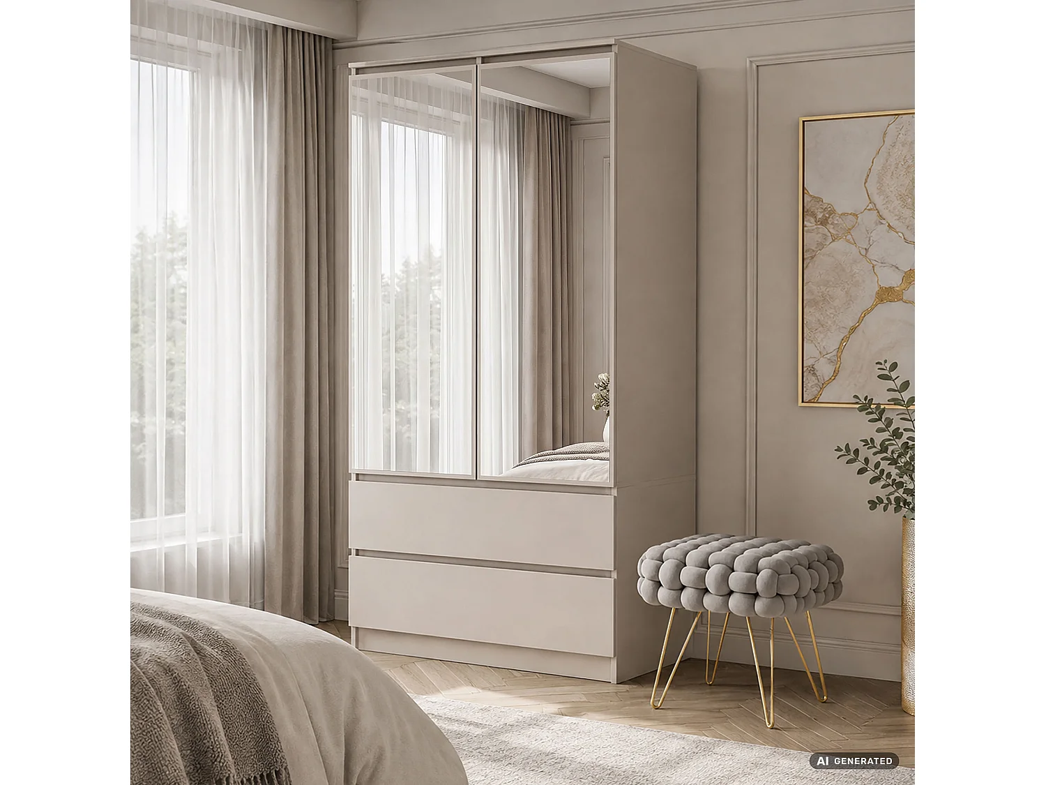 Kledingkast S90 Kasjmier 90 cm met spiegel 2 deuren 2 lades kleur Kasjmier mat 4 planken 90x51x180 cm