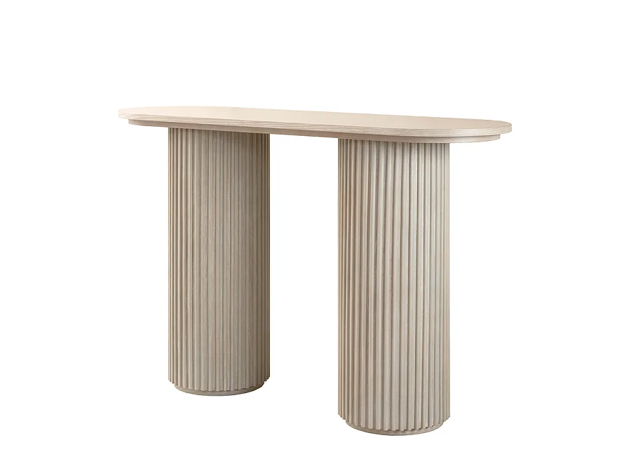 Ophelia Washed Grey Oak Console Table - Japandi, Reeded Pedestal Legs, Drawer, Warm Grey Washed Oak