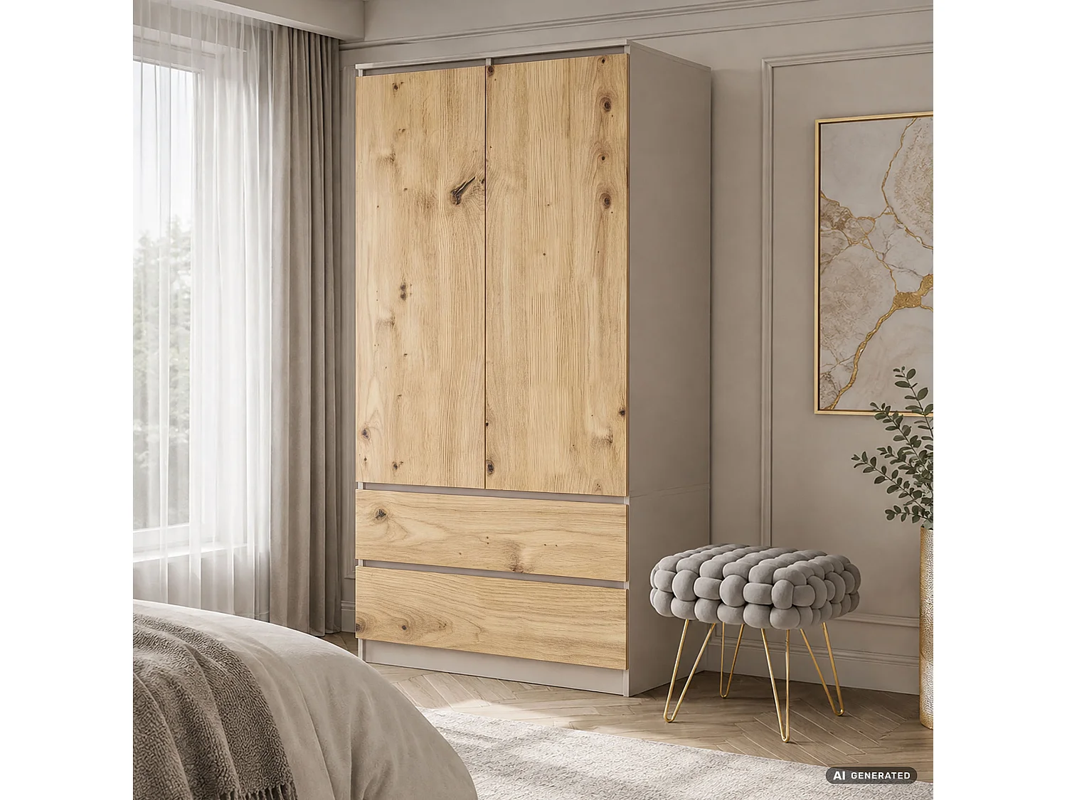 Armadio S90 Cashmere 90 cm 2 ante 2 cassetti Colore dei frontali Rovere Artisan 4 ripiani 90x51x180 cm