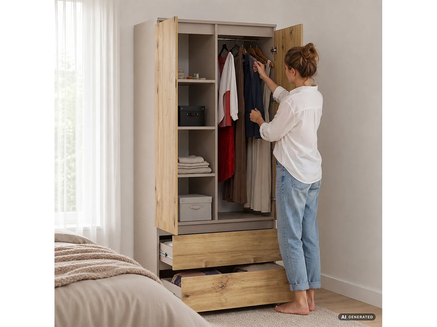 Armadio S90 Cashmere 90 cm 2 ante 2 cassetti Colore dei frontali Rovere Artisan 4 ripiani 90x51x180 cm