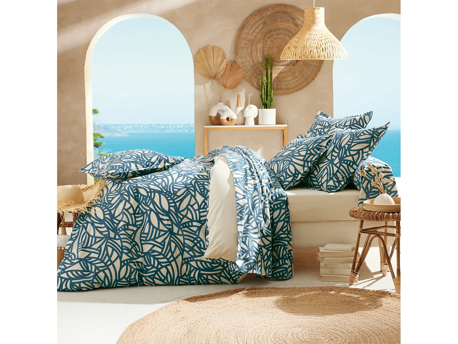 Taie d'oreiller 65x65 cm coton lavé SERENA géométrique Bleu beige