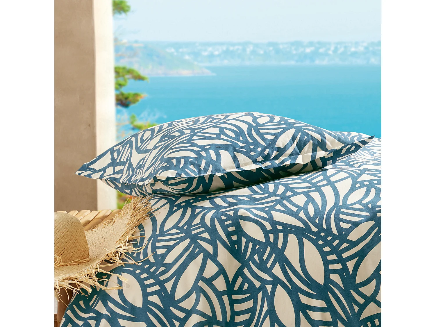 Taie d'oreiller 65x65 cm coton lavé SERENA géométrique Bleu beige