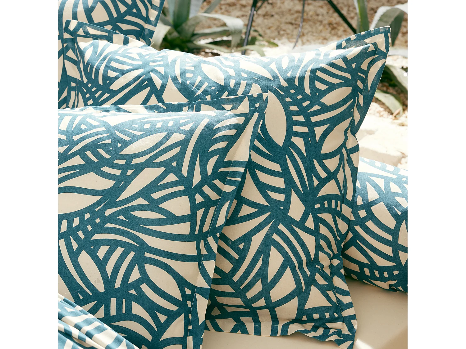 Taie d'oreiller 65x65 cm coton lavé SERENA géométrique Bleu beige