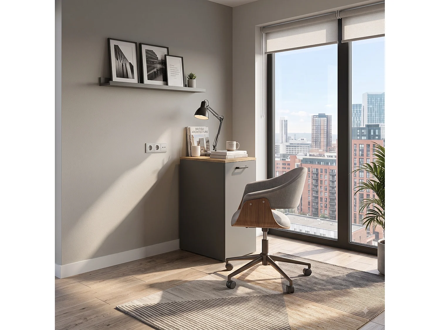 Folding Computer Desk Shefa Line Flexi Graphite & Wotan Oak (folding top and mobile storage unit)