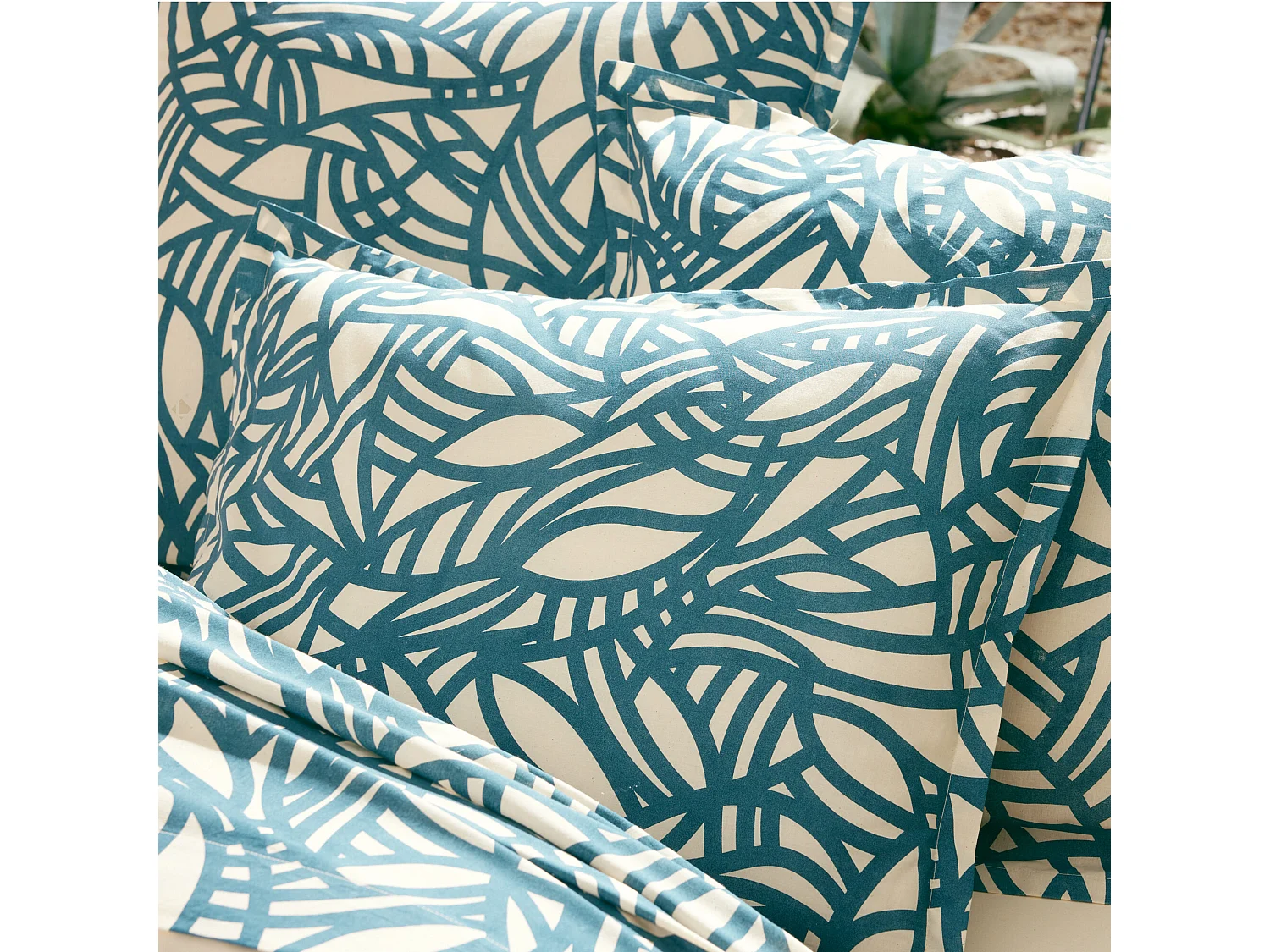 Taie d'oreiller 50x70 cm coton lavé SERENA géométrique Bleu beige