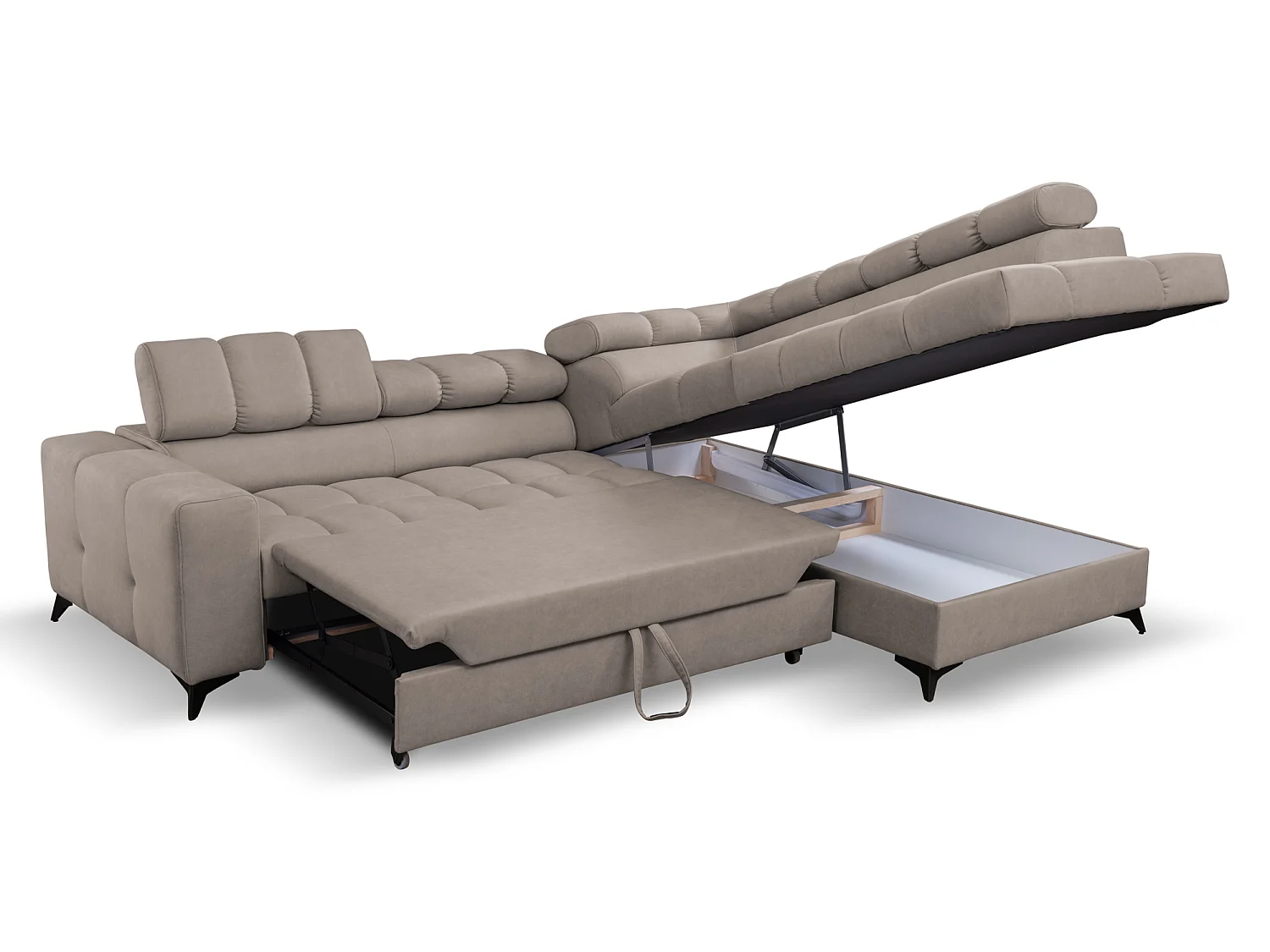 Andrea L-vormige hoekbank met verstelbare hoofdsteunen en bedstee, 267 x 205 cm, woonkamer rechts, beige