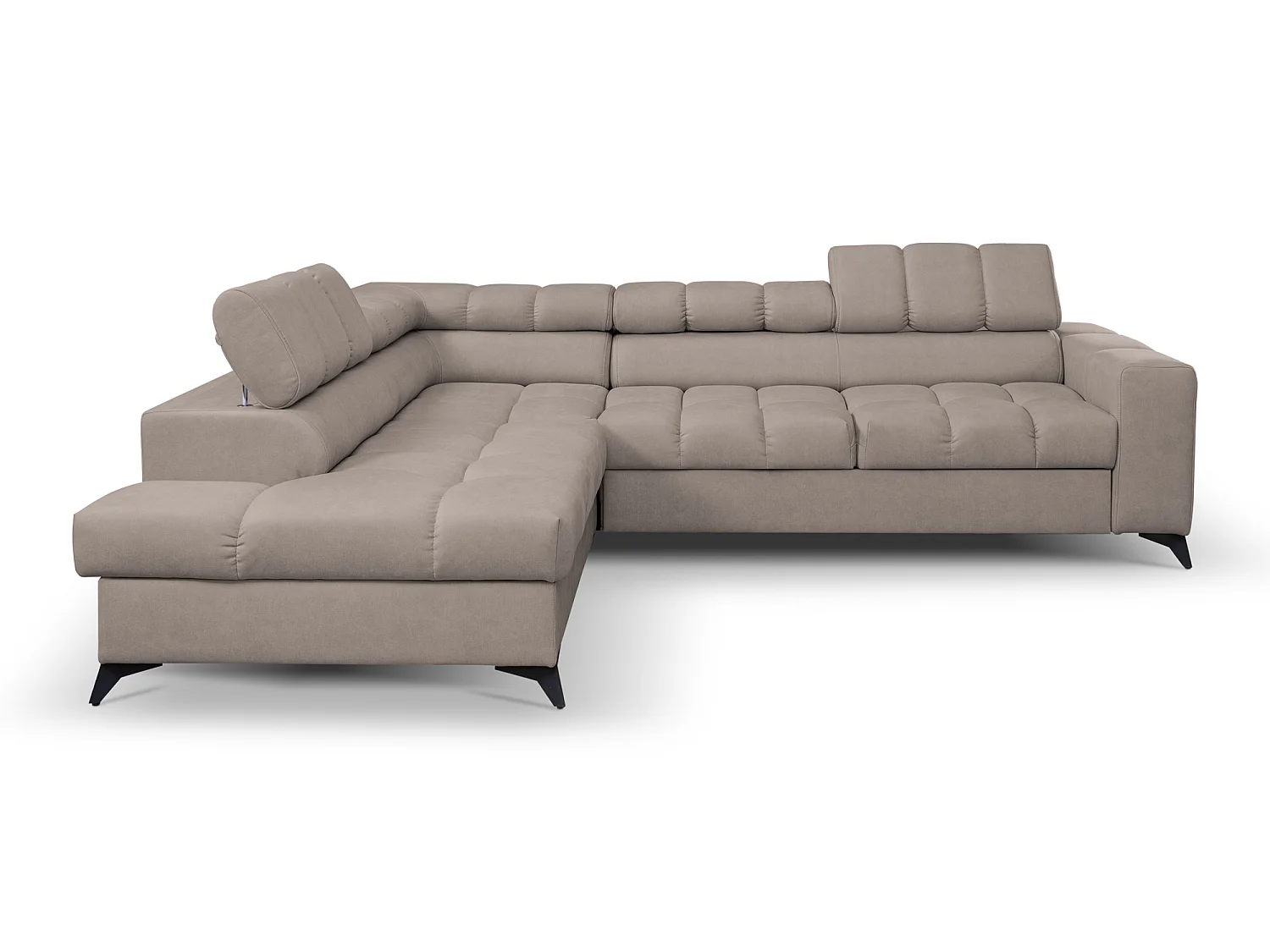 Andrea L-vormige hoekbank met verstelbare hoofdsteunen en bedstee, 267 x 205 cm, woonkamer links, beige