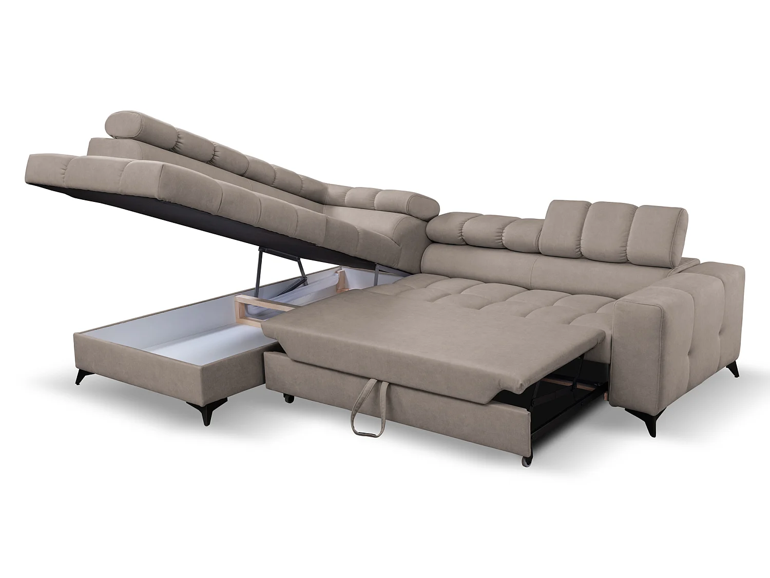 Andrea L-vormige hoekbank met verstelbare hoofdsteunen en bedstee, 267 x 205 cm, woonkamer links, beige