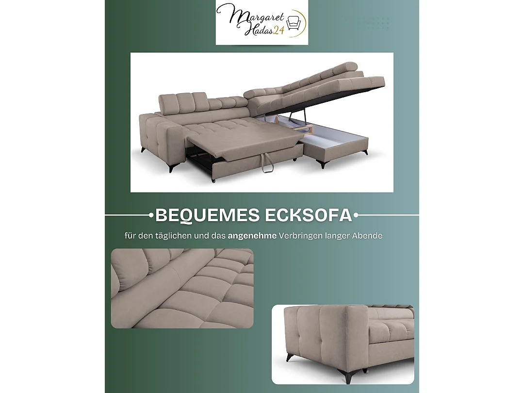 Andrea L-vormige hoekbank met verstelbare hoofdsteunen en bedstee, 267 x 205 cm, woonkamer links, beige