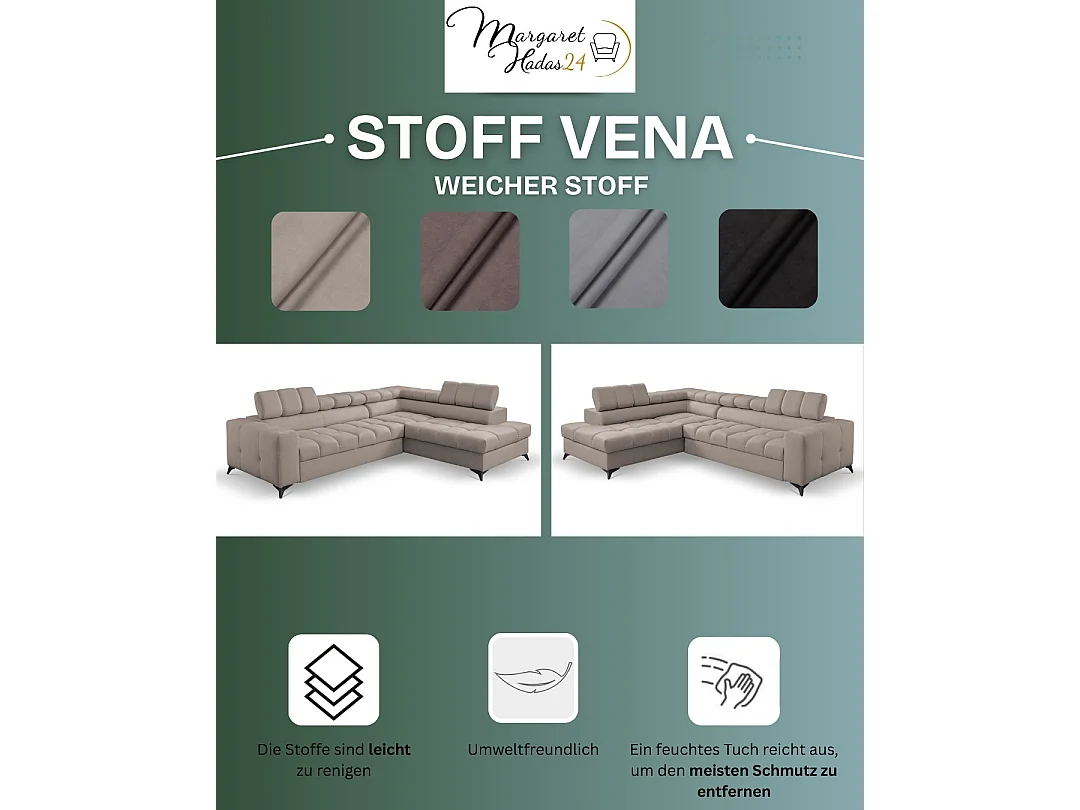 Andrea L-vormige hoekbank met verstelbare hoofdsteunen en bedstee, 267 x 205 cm, woonkamer links, beige