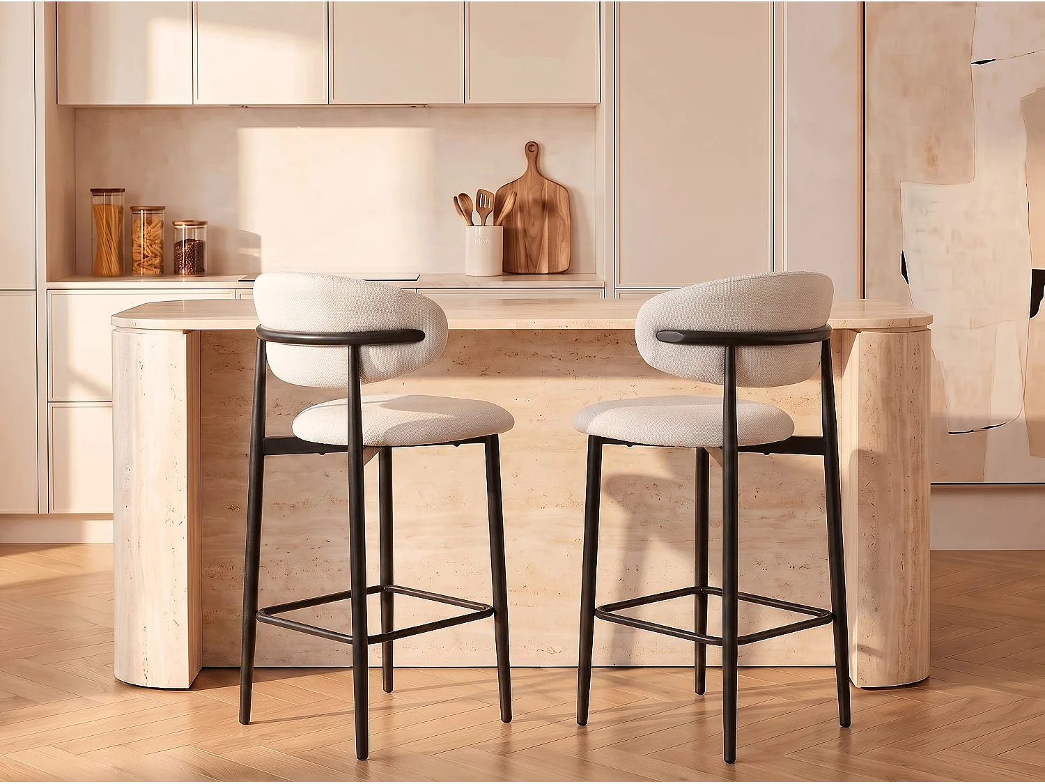 Lot de 2 chaises de bar Lulu - Tissu Chenille Déperlant Blanc Cassé / Pieds Noirs