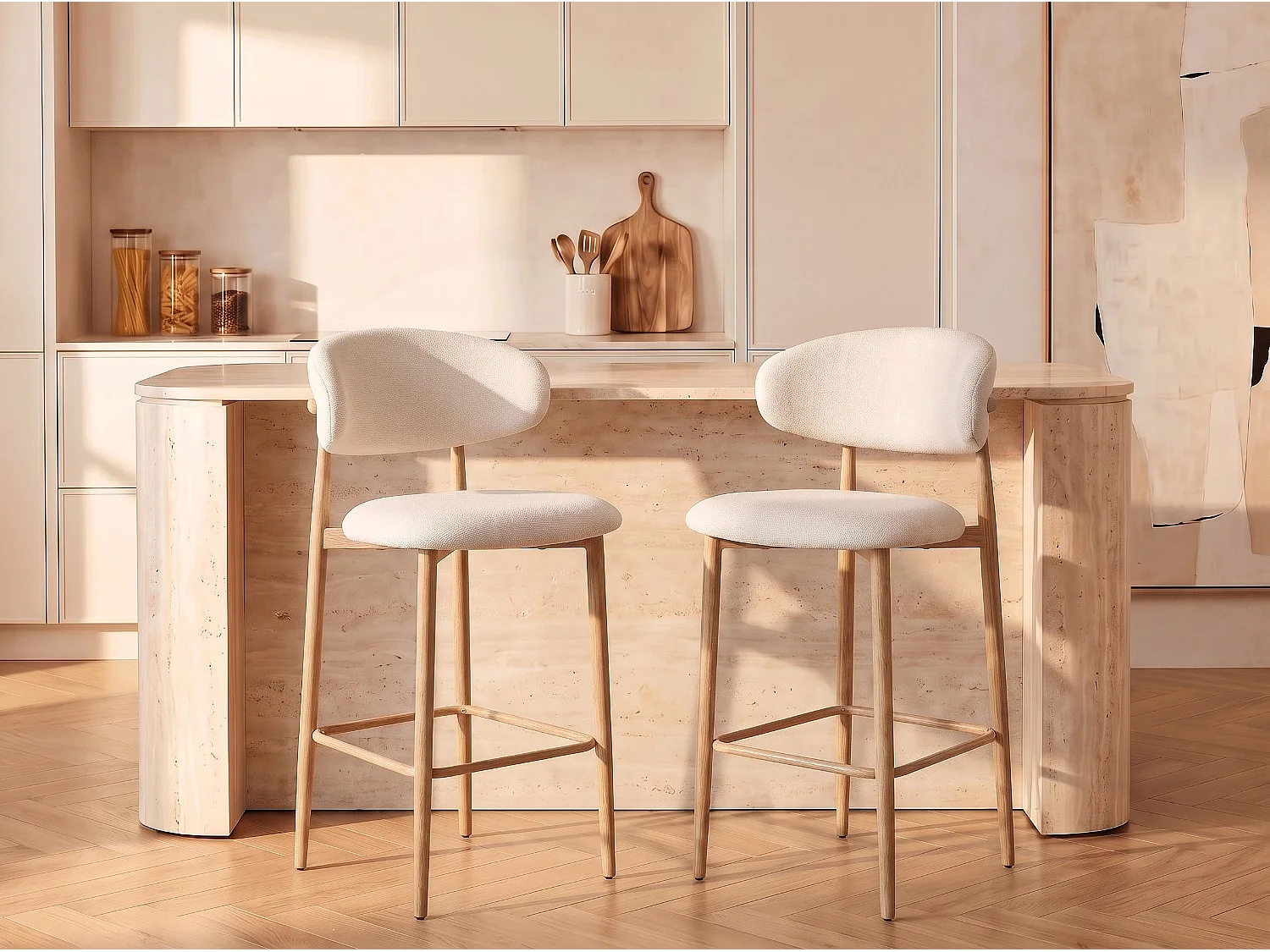Lot de 4 chaises de bar Lulu - Tissu Chenille Déperlant Blanc Cassé / Pieds finition Chêne
