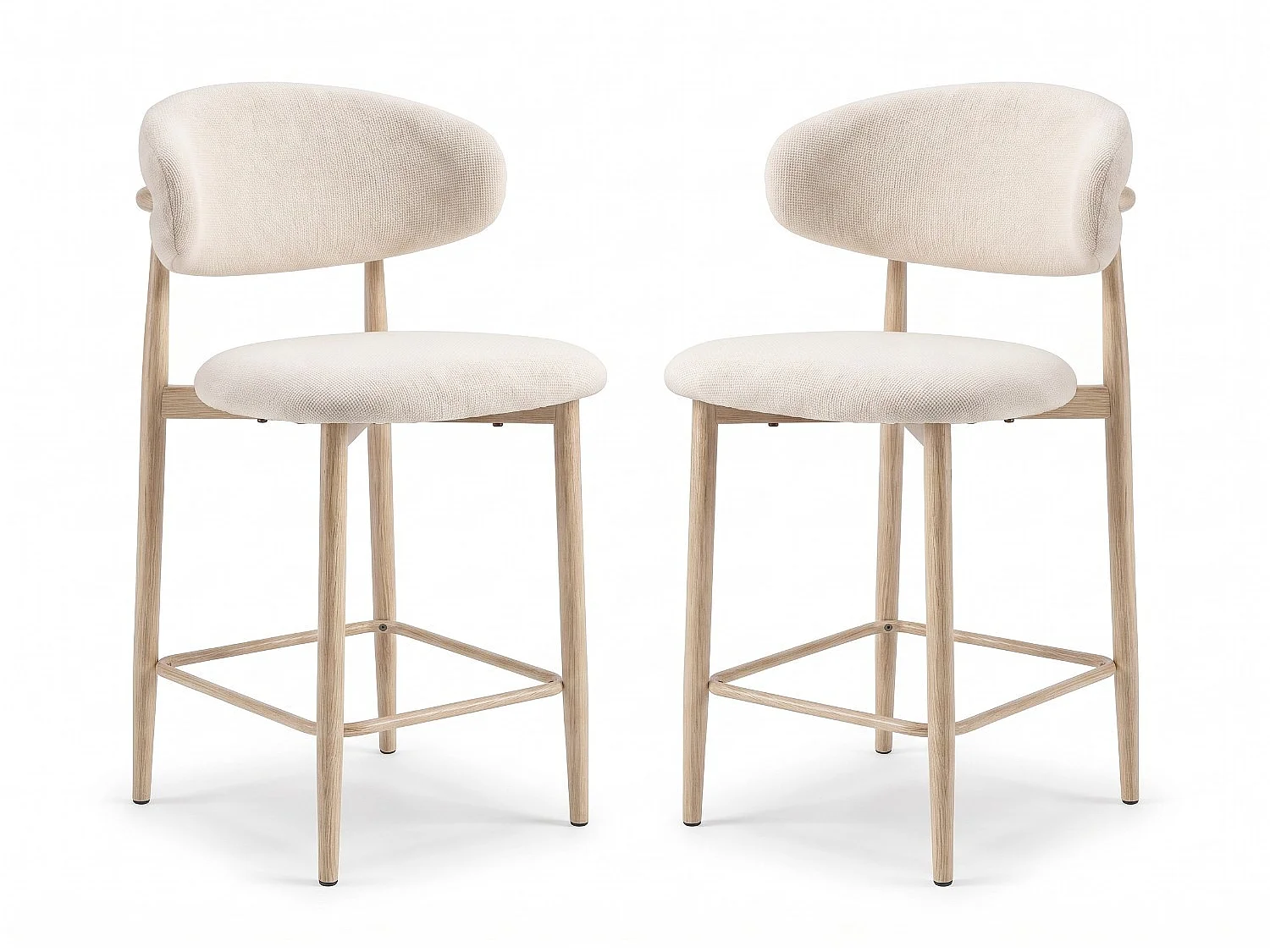 Lot de 4 chaises de bar Lulu - Tissu Chenille Déperlant Blanc Cassé / Pieds finition Chêne