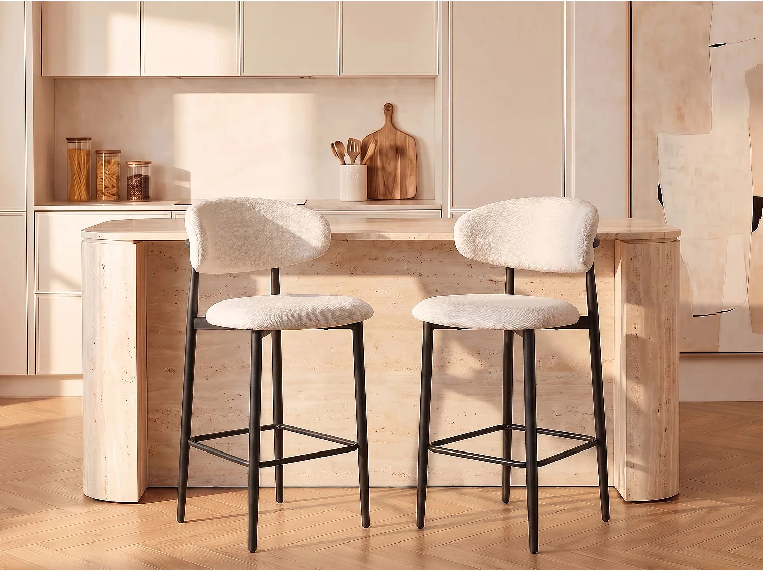 Lot de 6 chaises de bar Lulu - Tissu Chenille Déperlant Blanc Cassé / Pieds Noirs