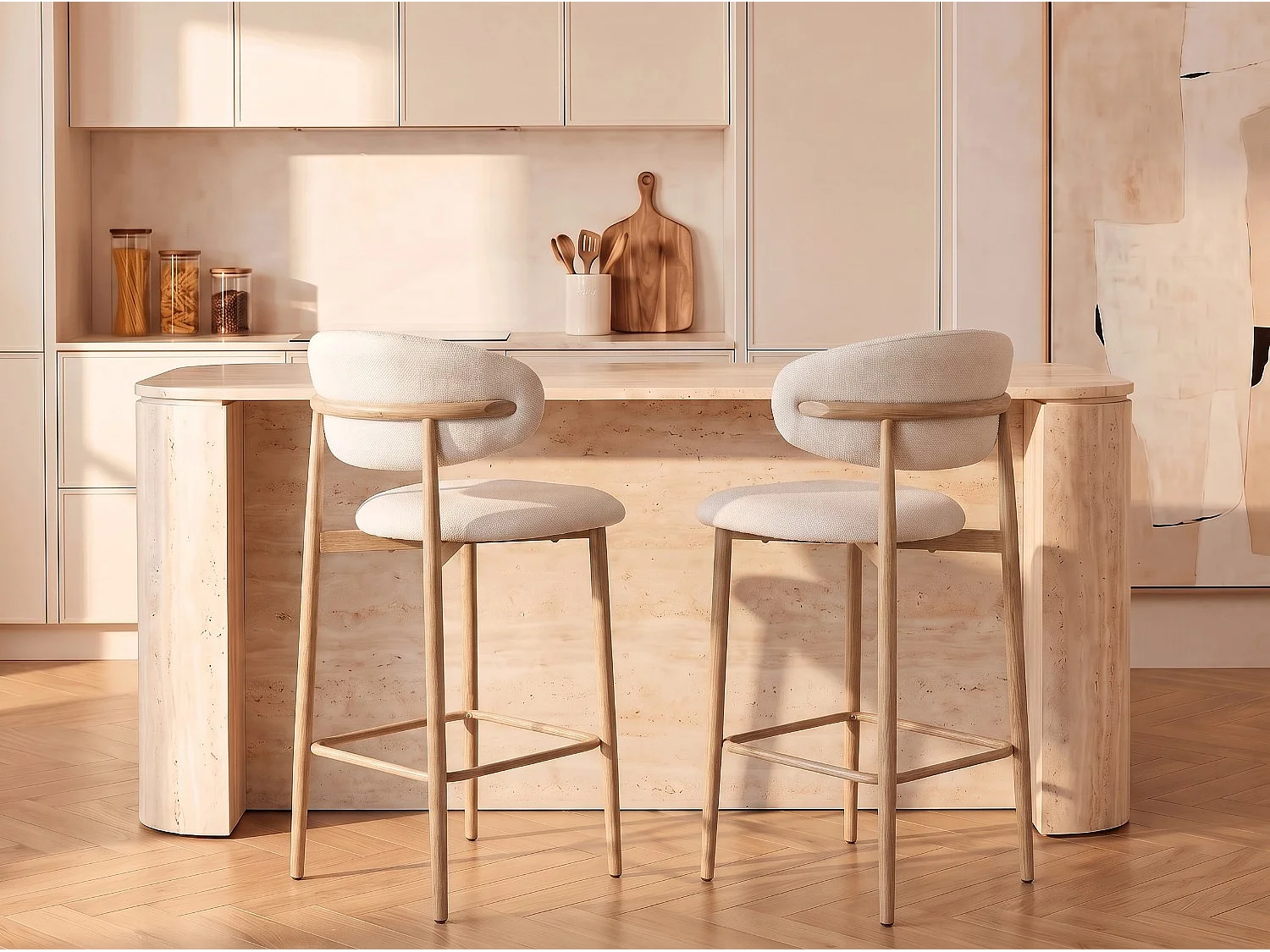 Lot de 2 chaises de bar Lulu - Tissu Chenille Déperlant Blanc Cassé / Pieds finition Chêne