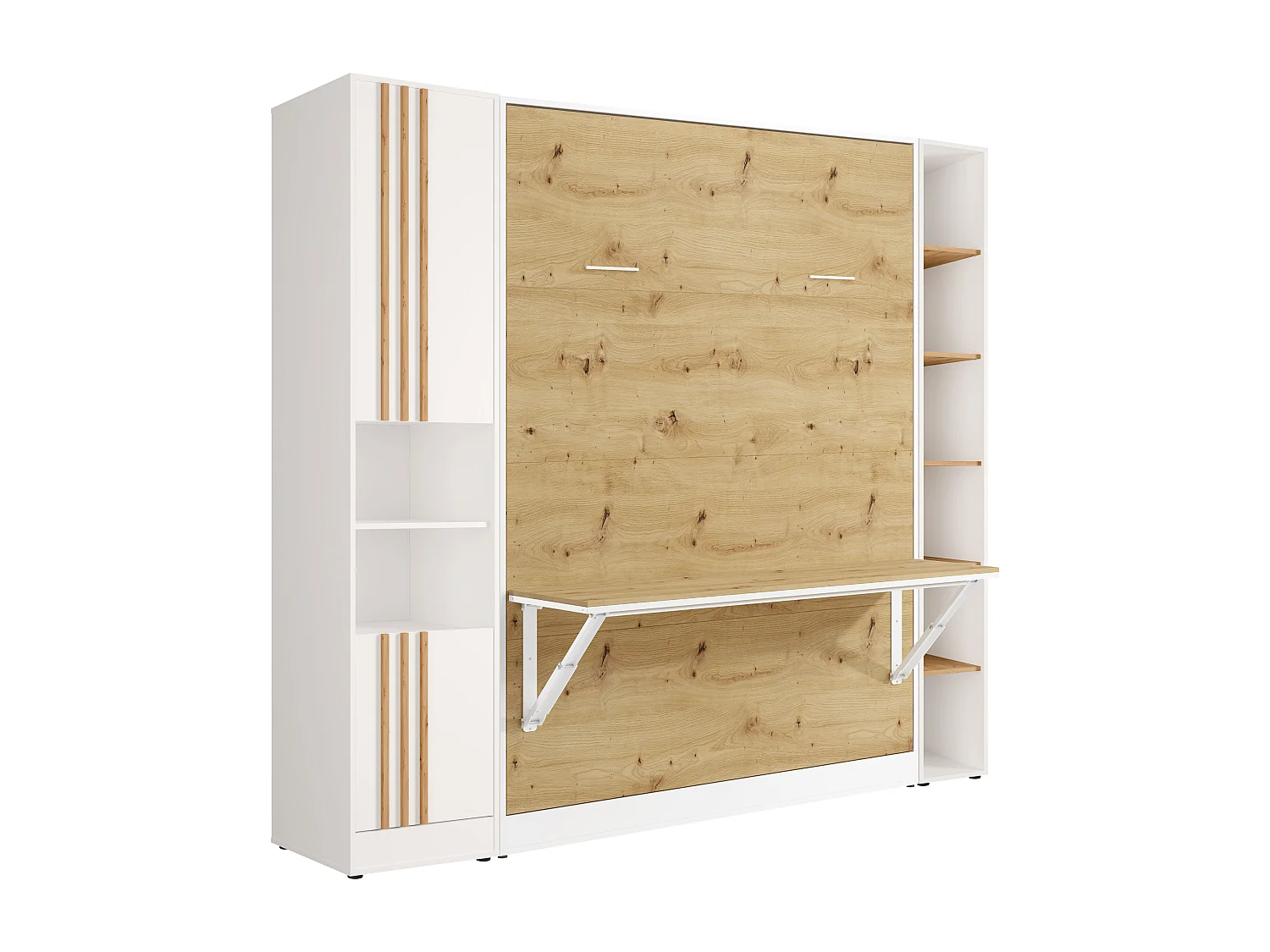 Lit escamotable vertical 140 x 200 cm - Avec bureau, bibliothèque et rangements - Avec tasseaux - Blanc et naturel - RAPILI