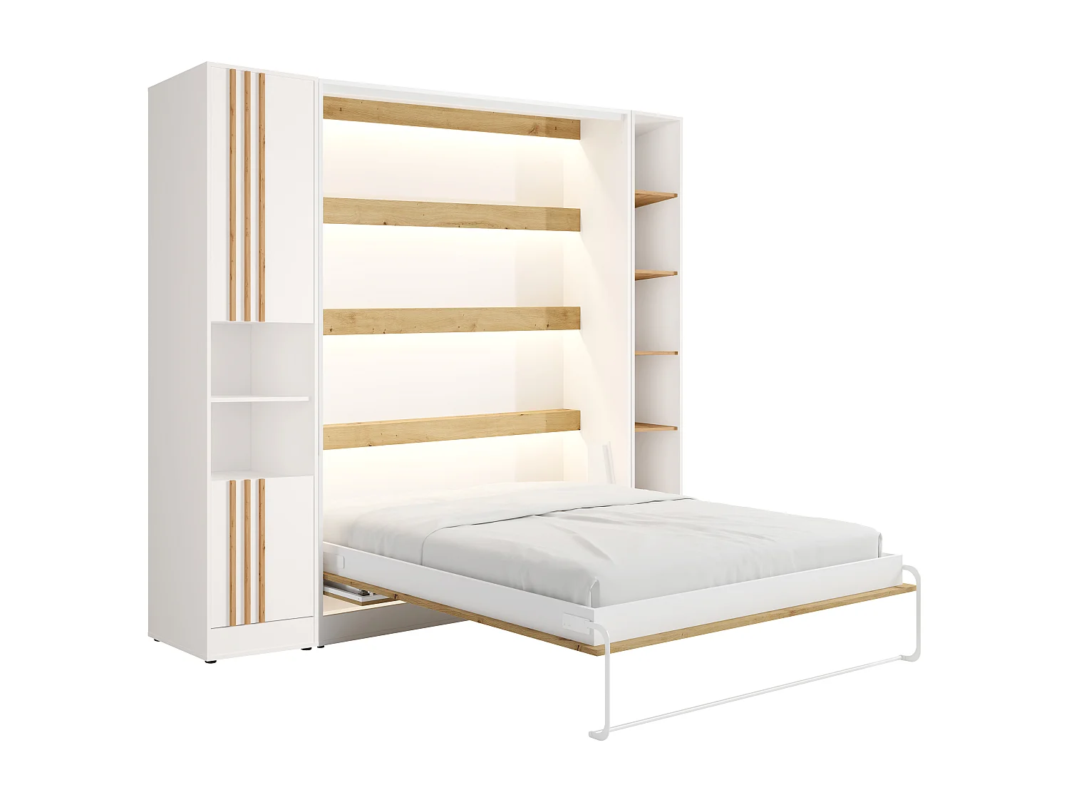 Lit escamotable vertical 140 x 200 cm - Avec bureau, bibliothèque et rangements - Avec tasseaux - Blanc et naturel - RAPILI