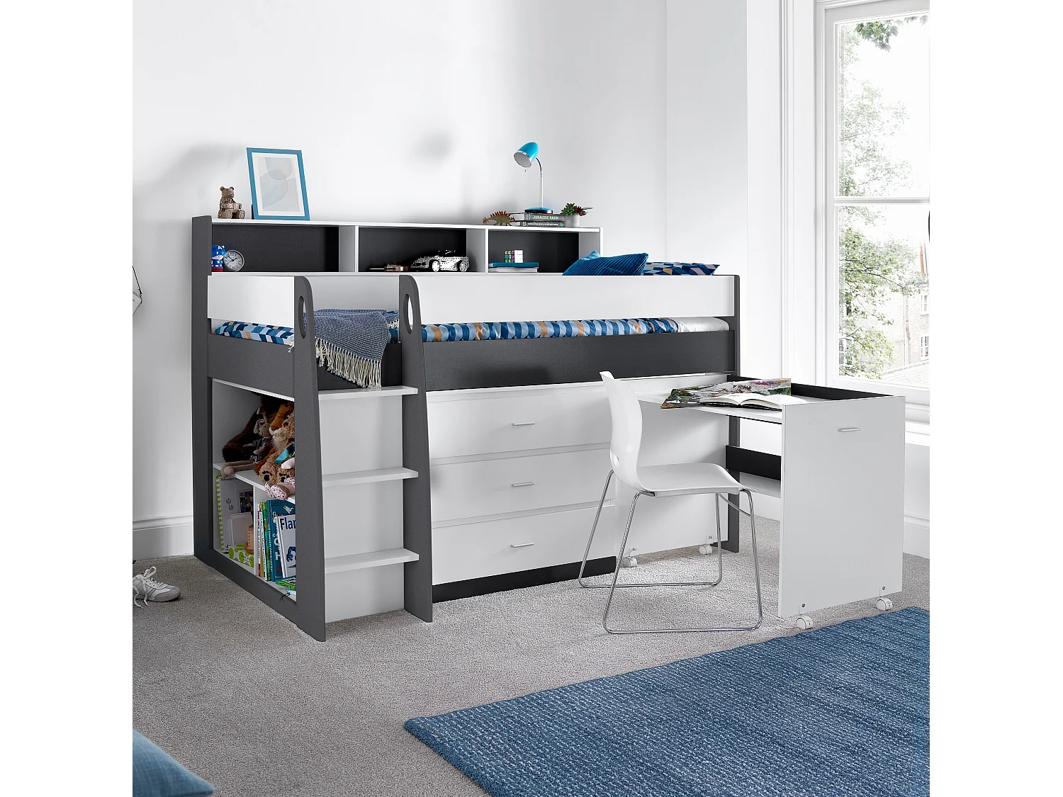 Ersa Grey and White Mid Sleeper Bed With Desk