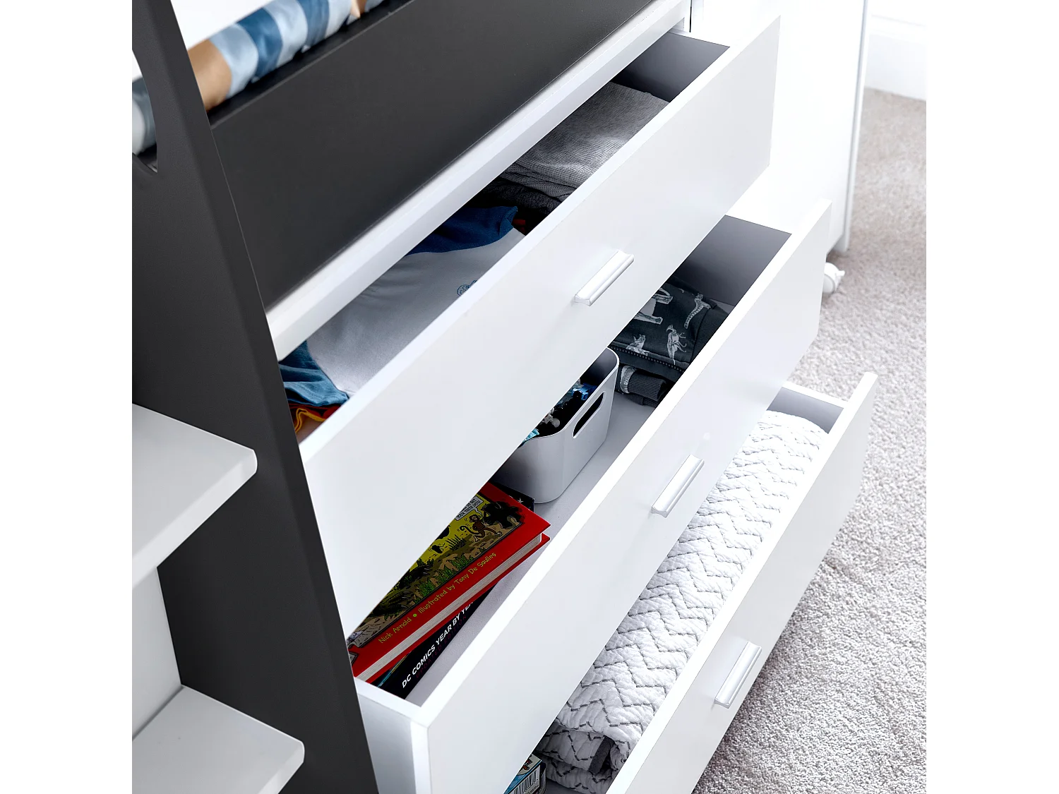 Ersa Grey and White Mid Sleeper Bed With Desk And Pocket Mattress