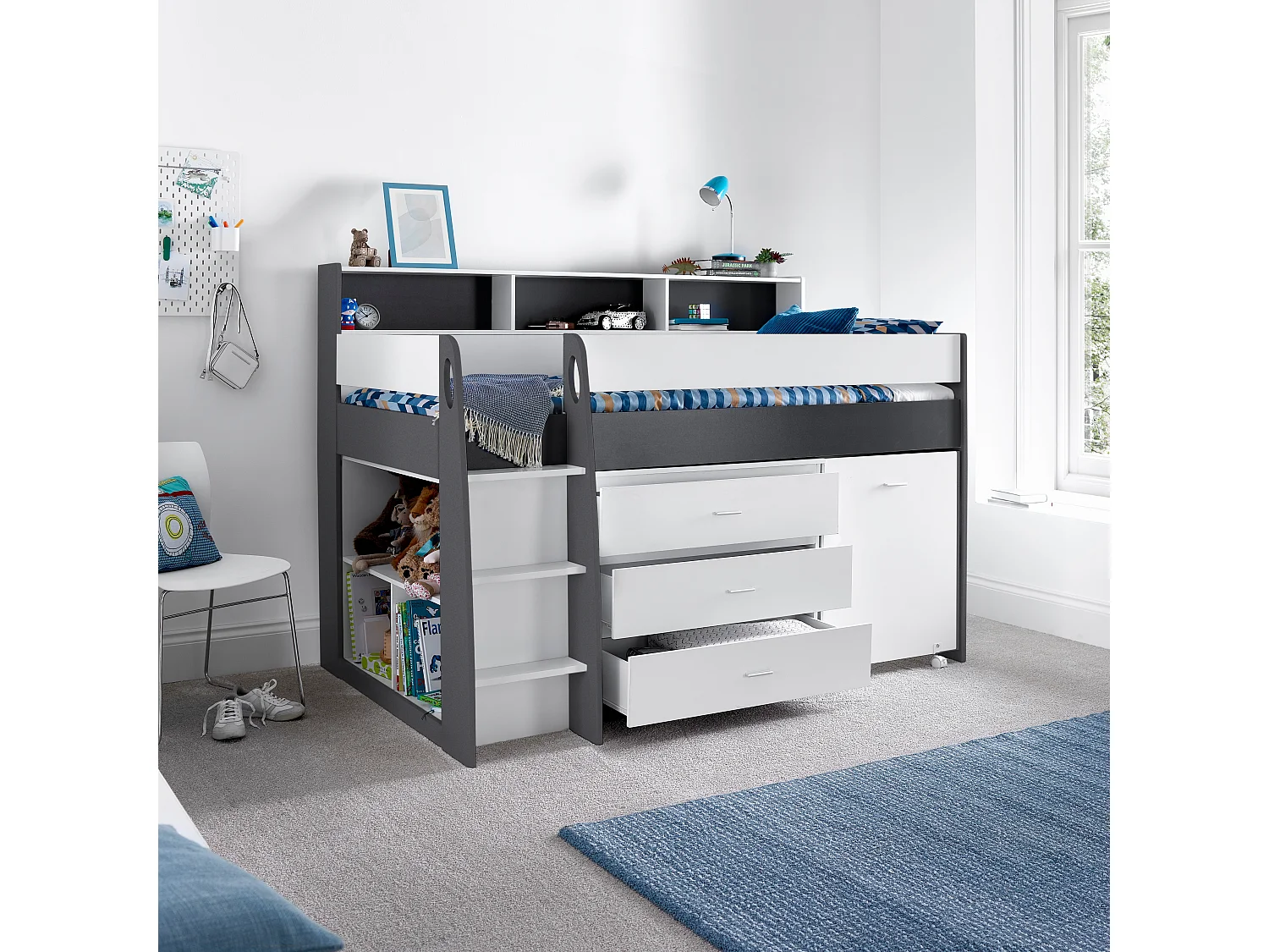 Ersa Grey and White Mid Sleeper Bed With Desk And Orthopaedic Mattress