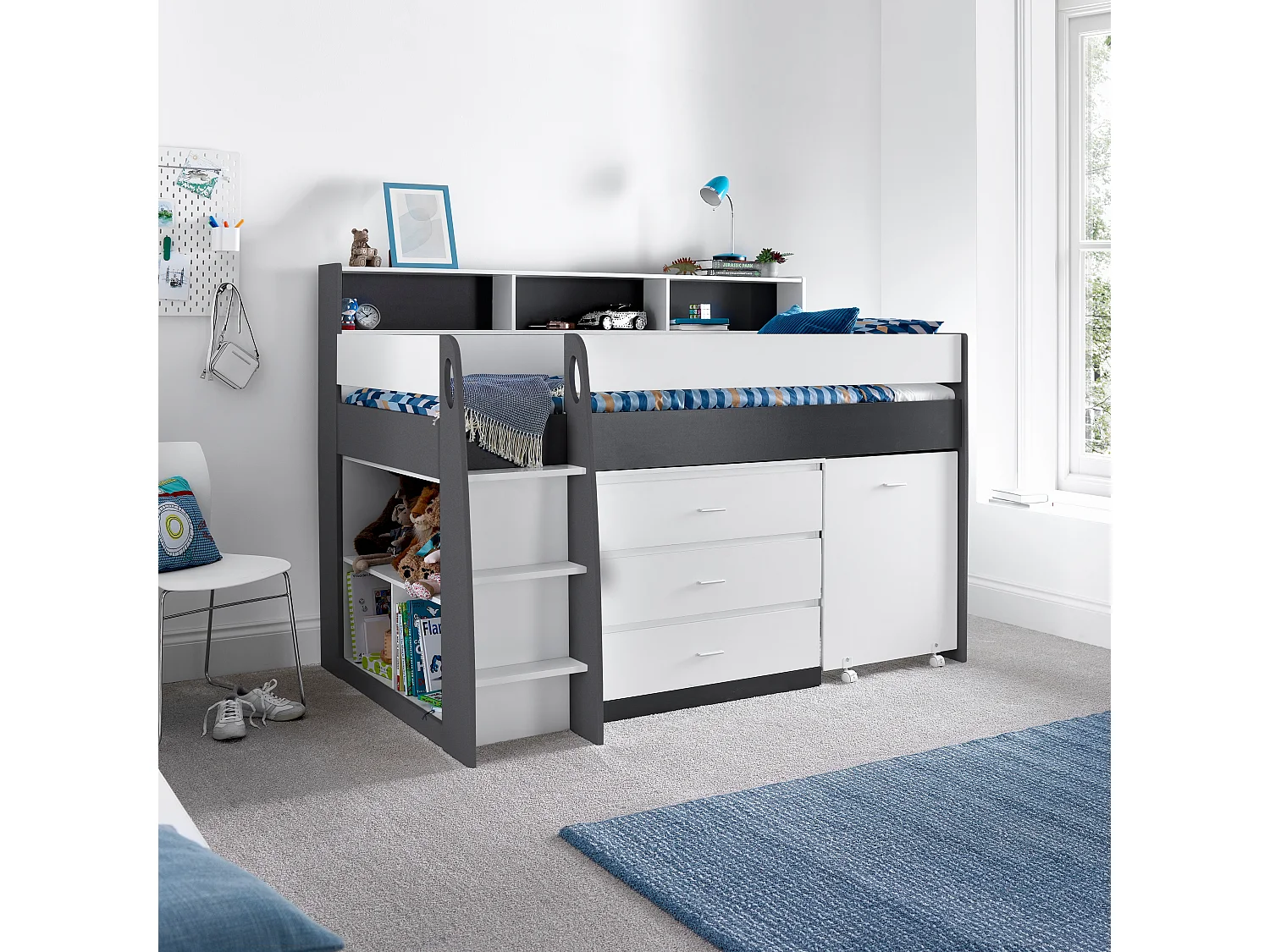 Ersa Grey and White Mid Sleeper Bed With Desk And Orthopaedic Mattress