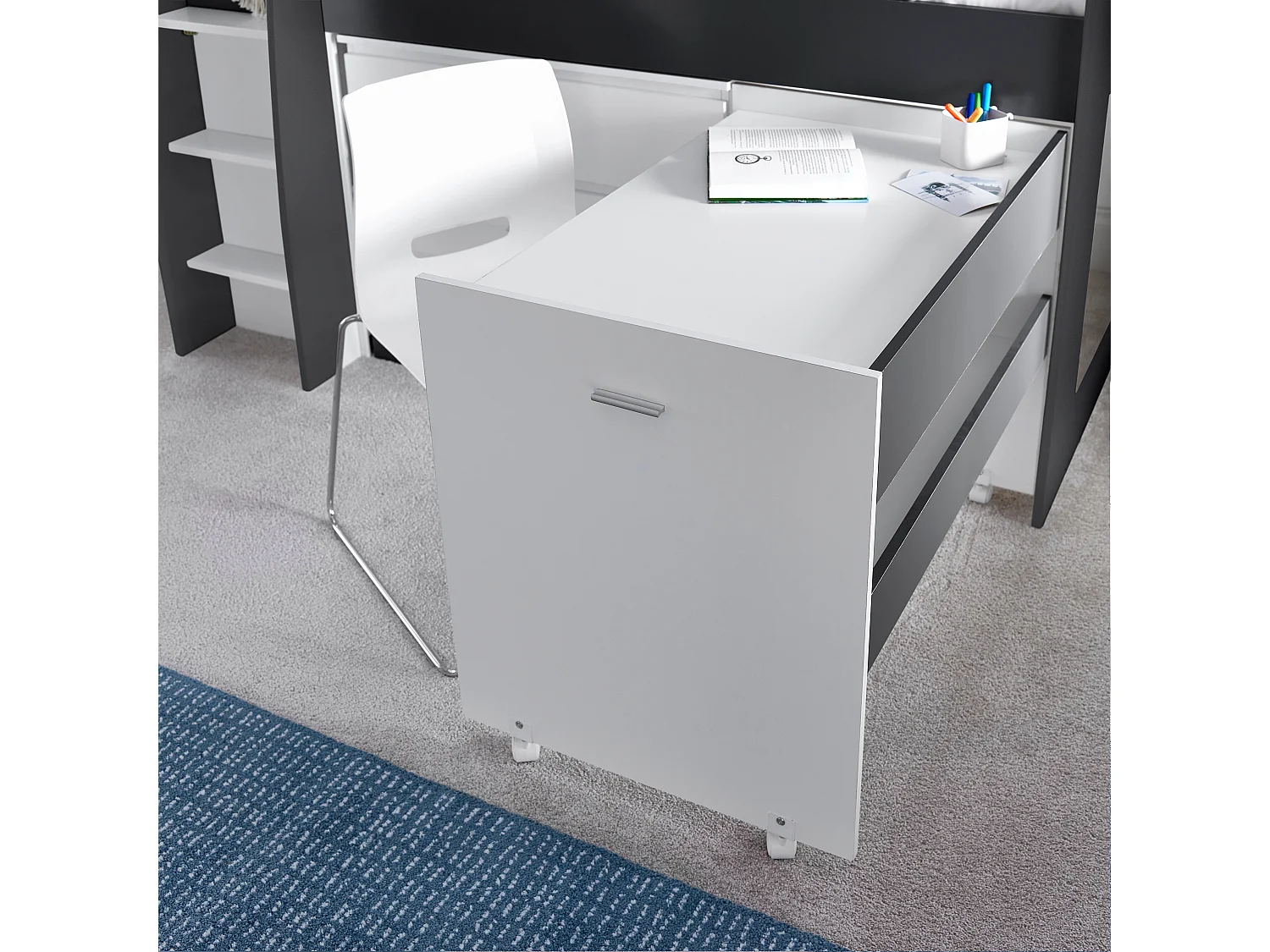 Ersa Grey and White Mid Sleeper Bed With Desk And Orthopaedic Mattress