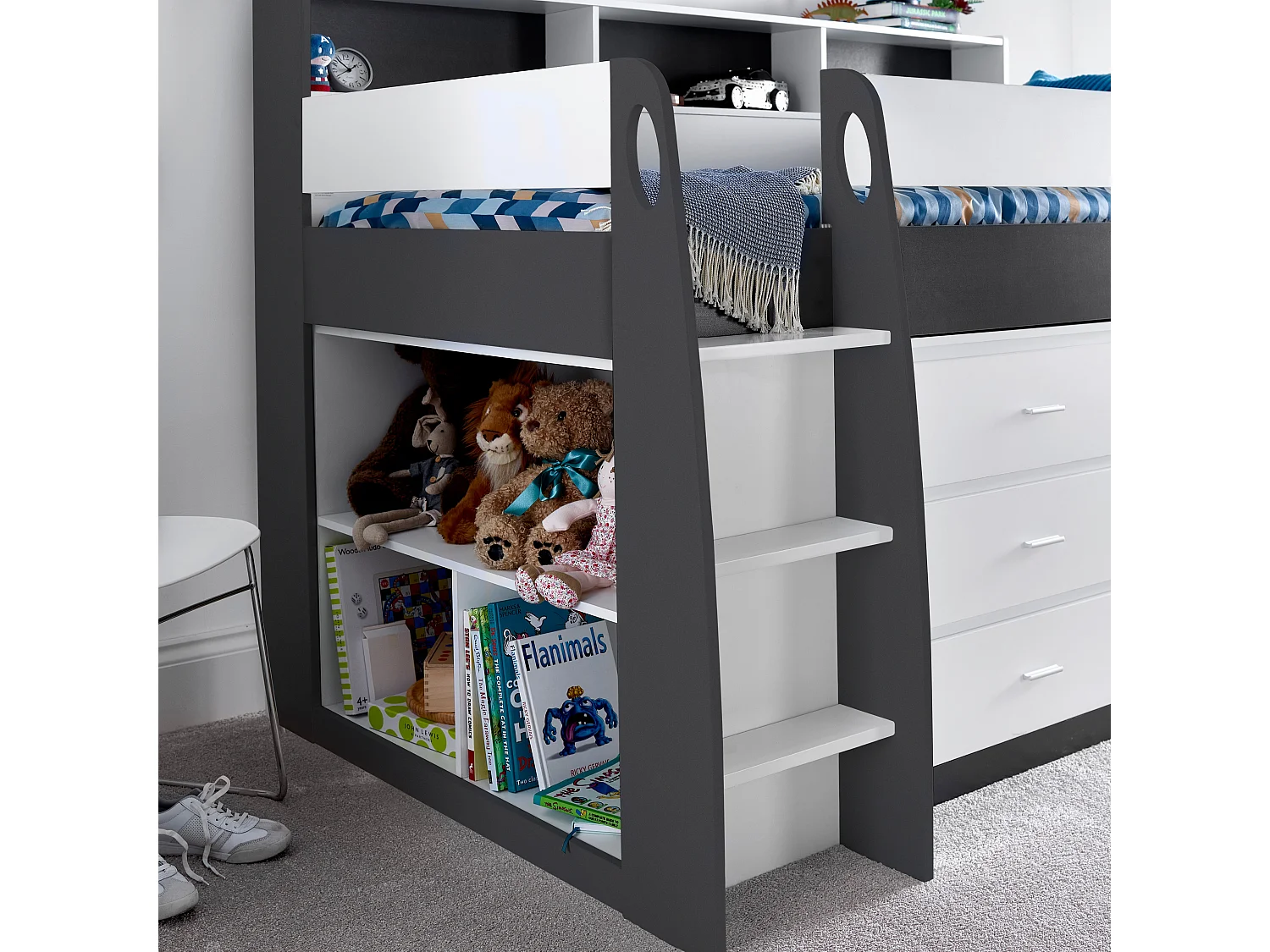 Ersa Grey and White Mid Sleeper Bed With Desk And Memory Foam Mattress