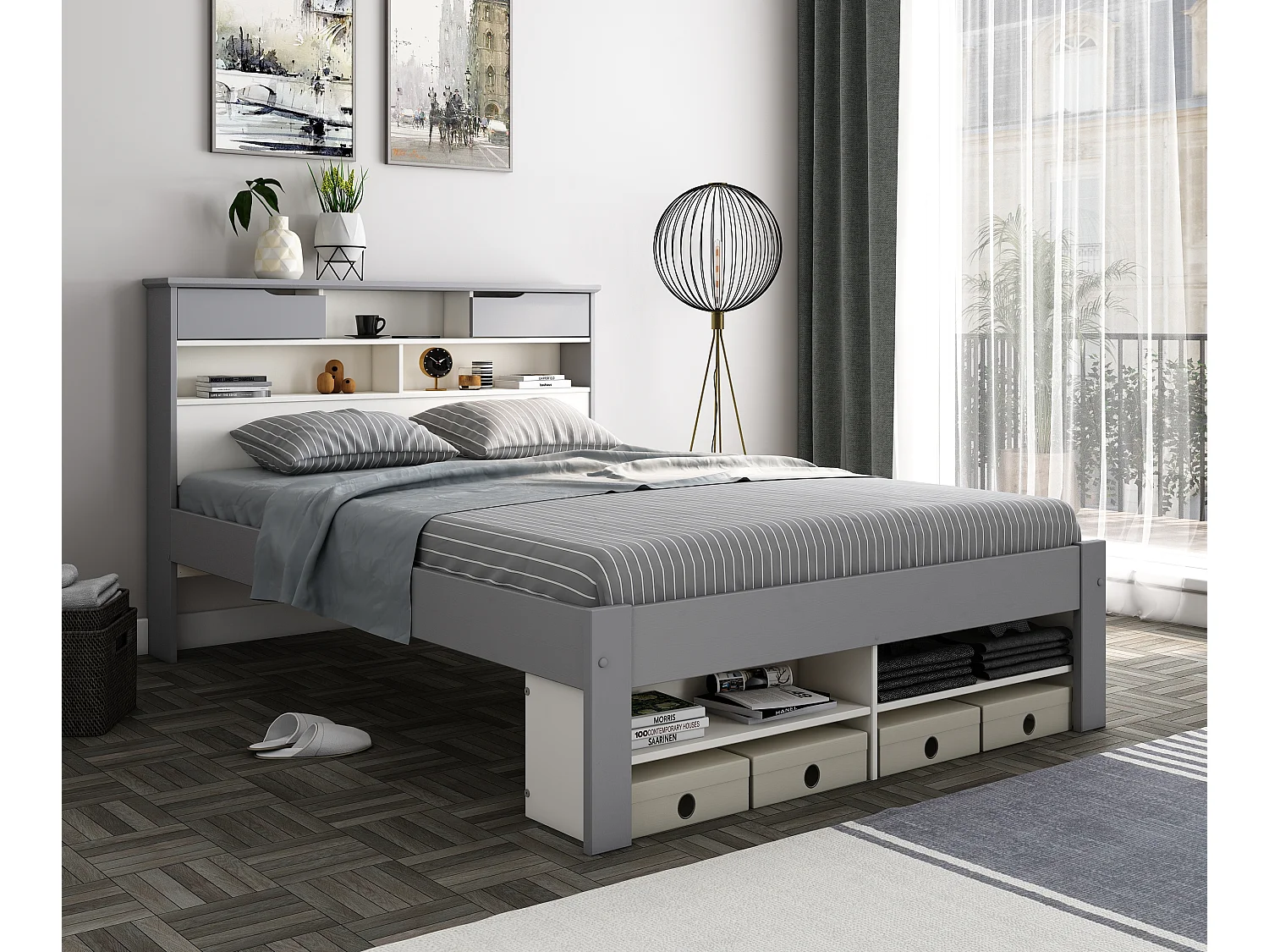Fabio Grey And White Wooden Bed With 2 Drawer King Size