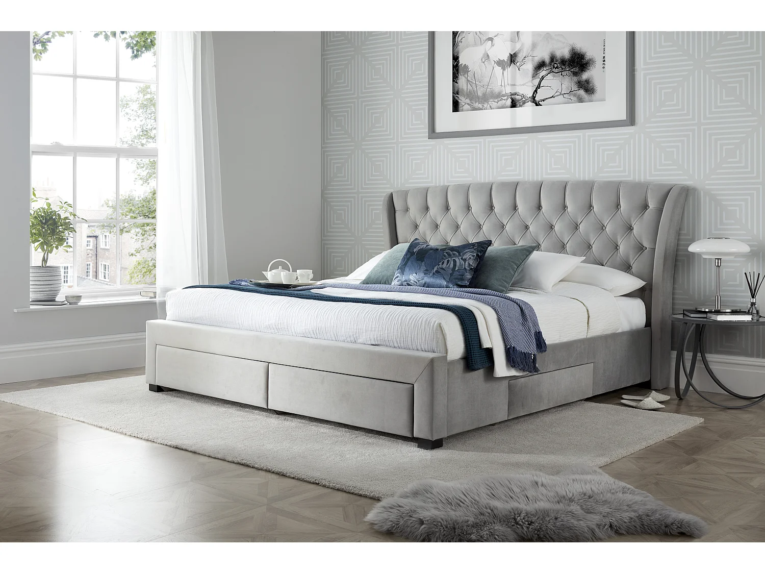 Newton Grey Velvet 4 Drawer Storage Bed Double