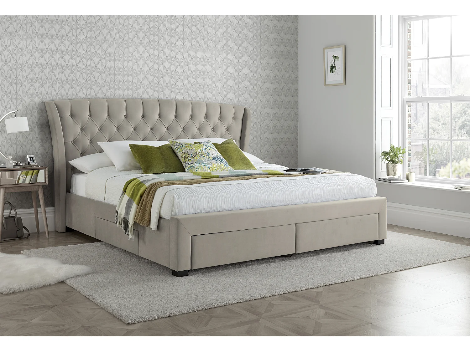 Newton Warm Stone Velvet 4 Drawer Storage Bed Double