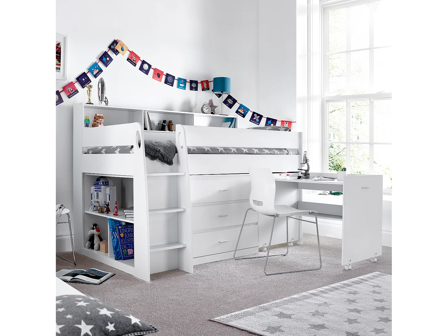 Ersa White Mid Sleeper Bed With Desk And Spring Mattress