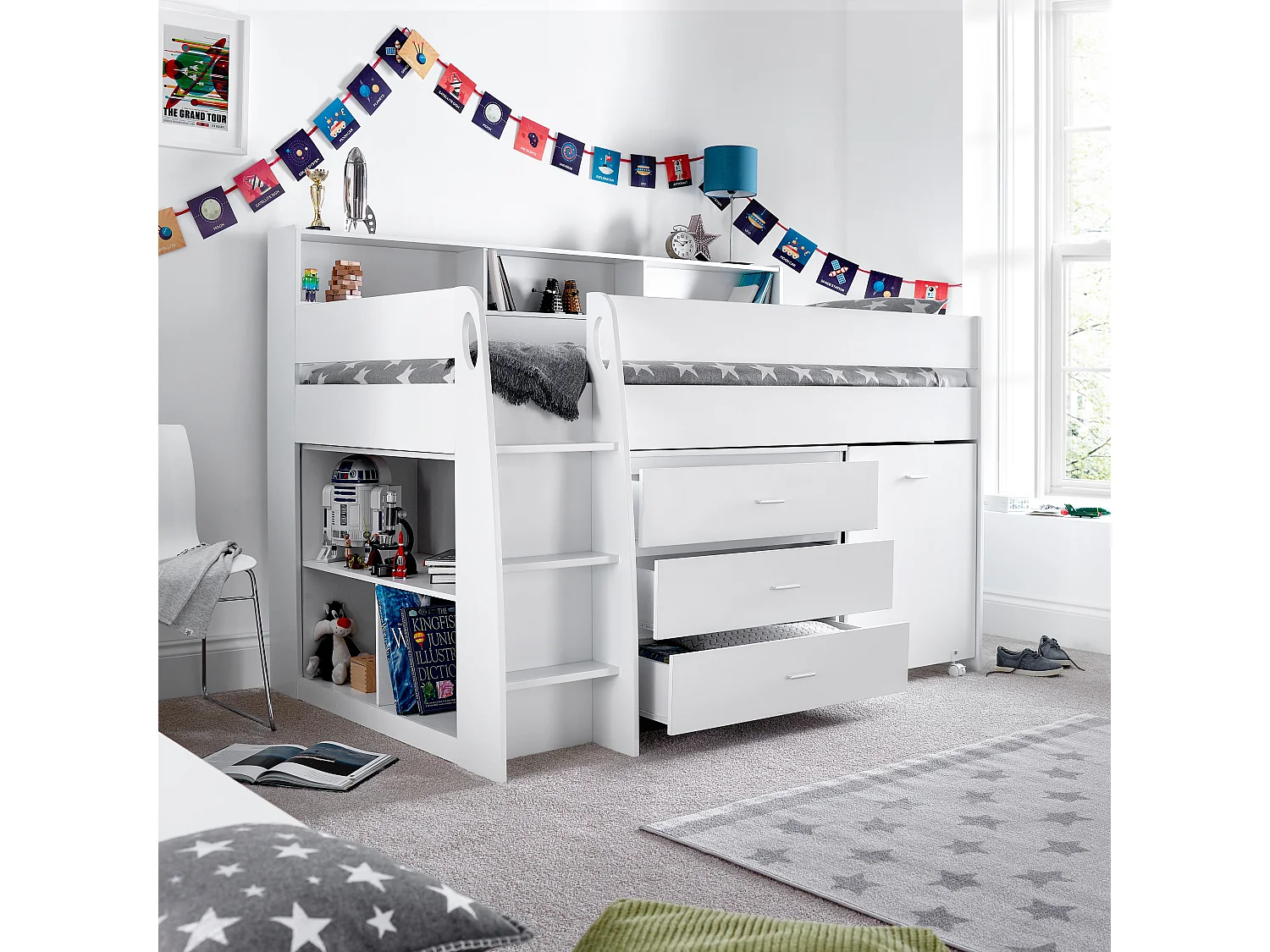 Ersa White Mid Sleeper Bed With Desk And Spring Mattress