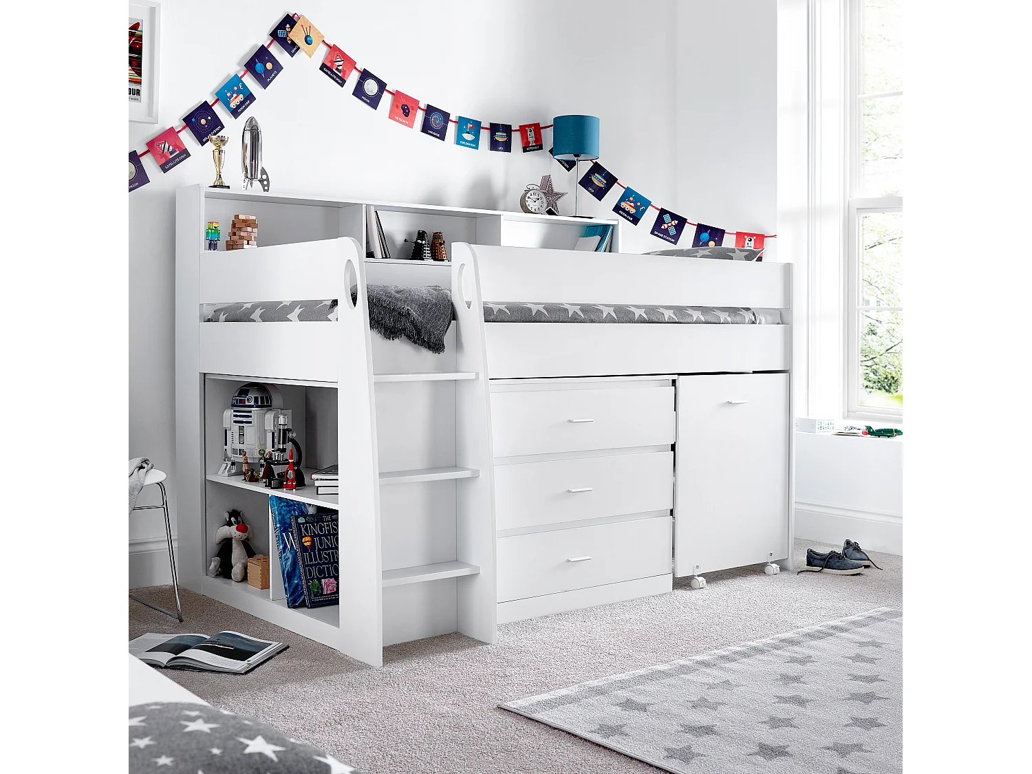 Ersa White Mid Sleeper Bed With Desk And Memory Foam Mattress