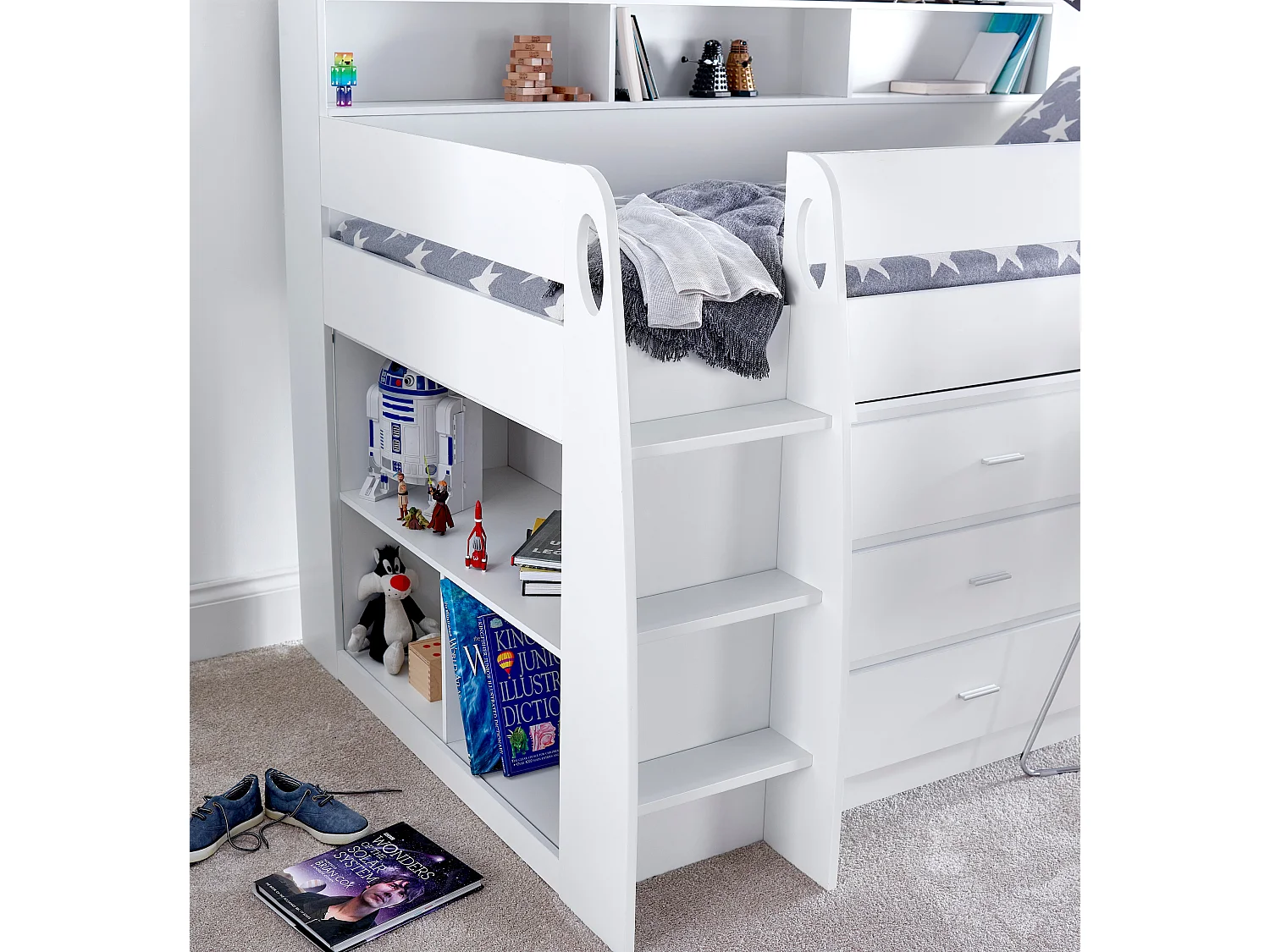 Ersa White Mid Sleeper Bed With Desk And Memory Foam Mattress