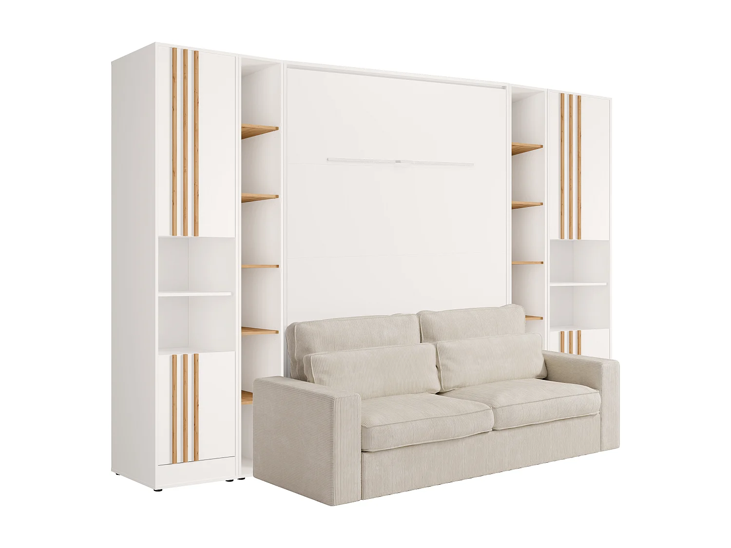 Lit escamotable vertical 160 x 200 cm - Avec canapé et rangements - Avec tasseaux - Blanc, Naturel et Beige - RAPILI