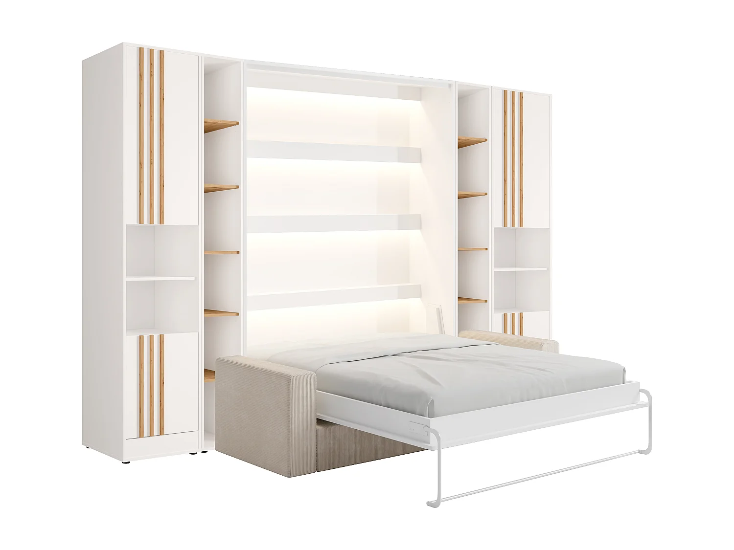 Lit escamotable vertical 160 x 200 cm - Avec canapé et rangements - Avec tasseaux - Blanc, Naturel et Beige - RAPILI