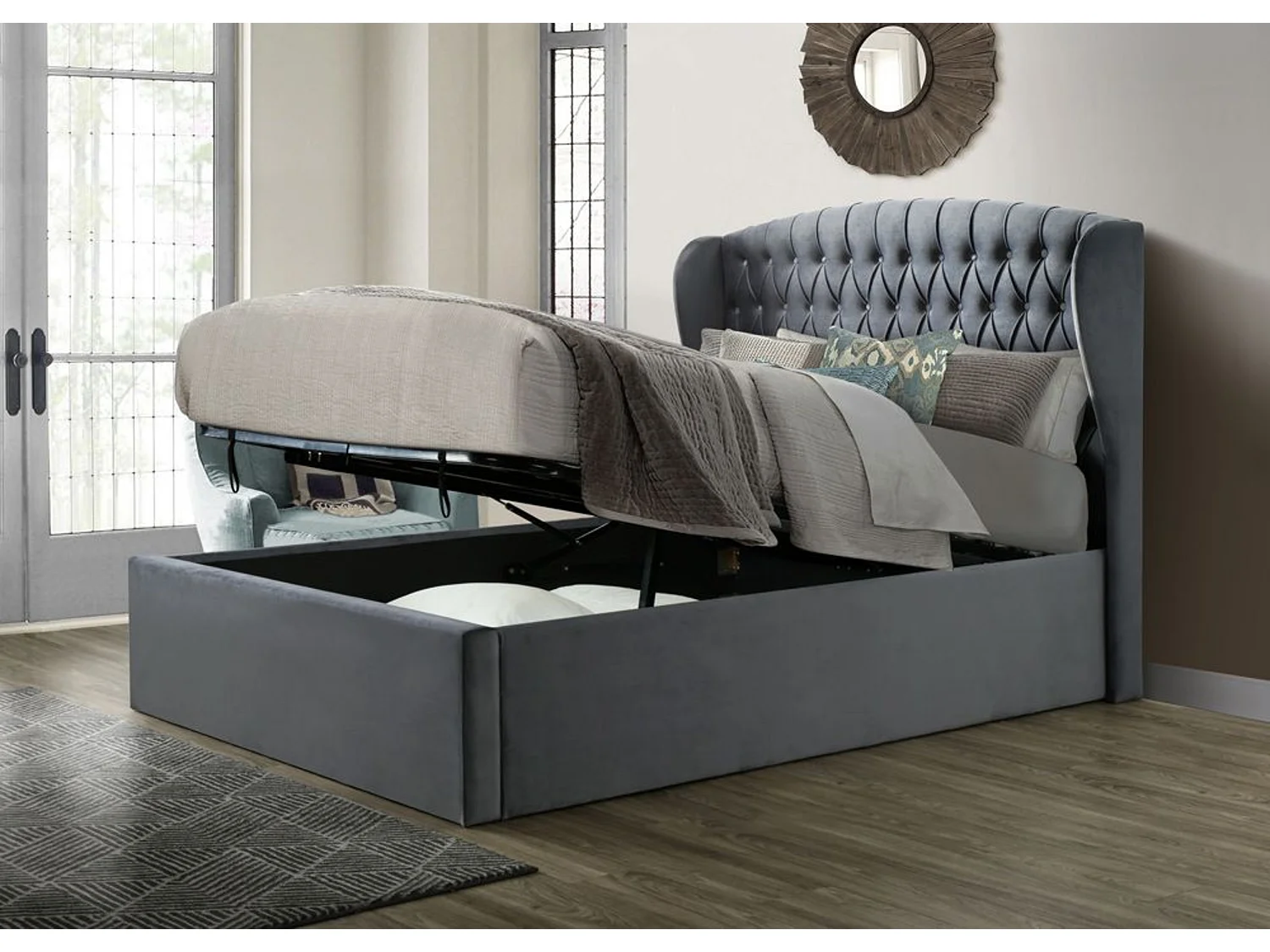 Warwick Grey Velvet Ottoman Bed King Size
