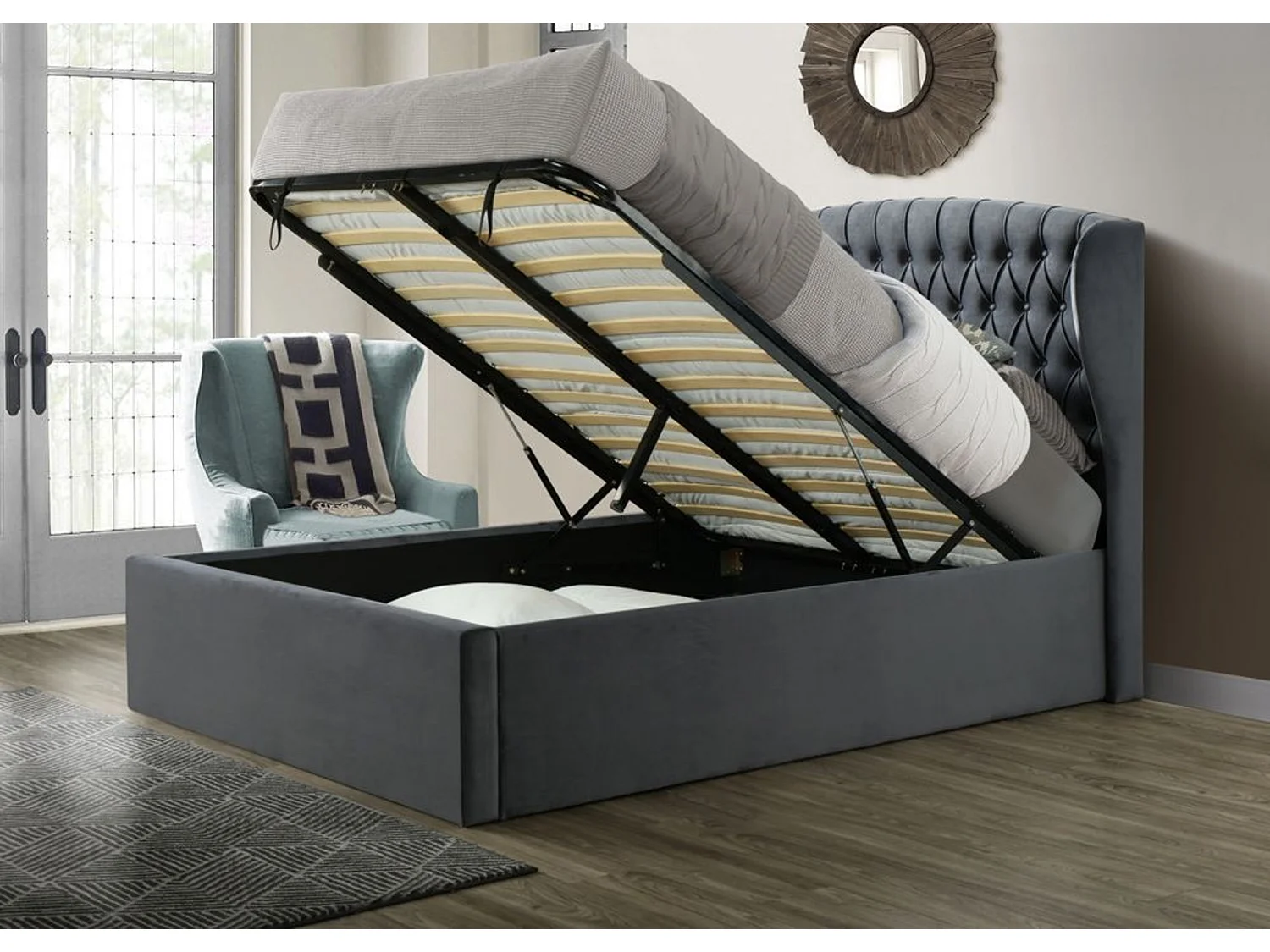 Warwick Grey Velvet Ottoman Bed Double