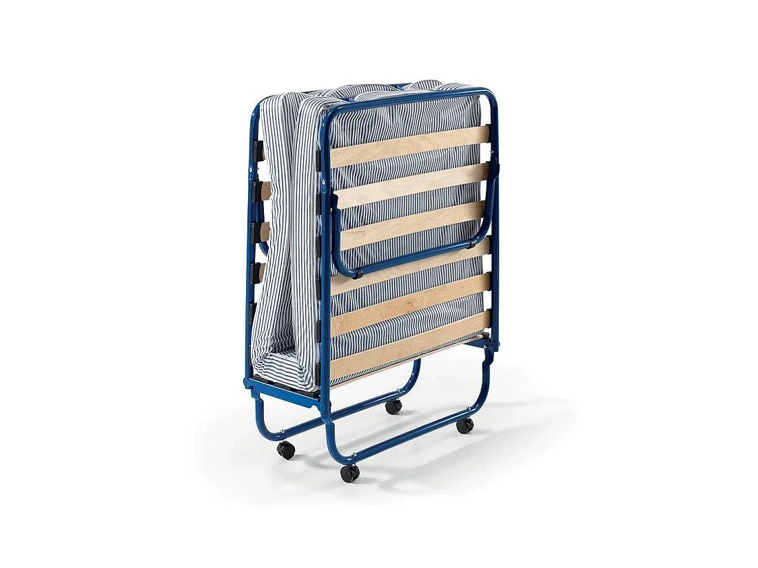 Lit pliant NAZARE – 80x190 cm en métal bleu avec roulettes, sommier et matelas inclus
