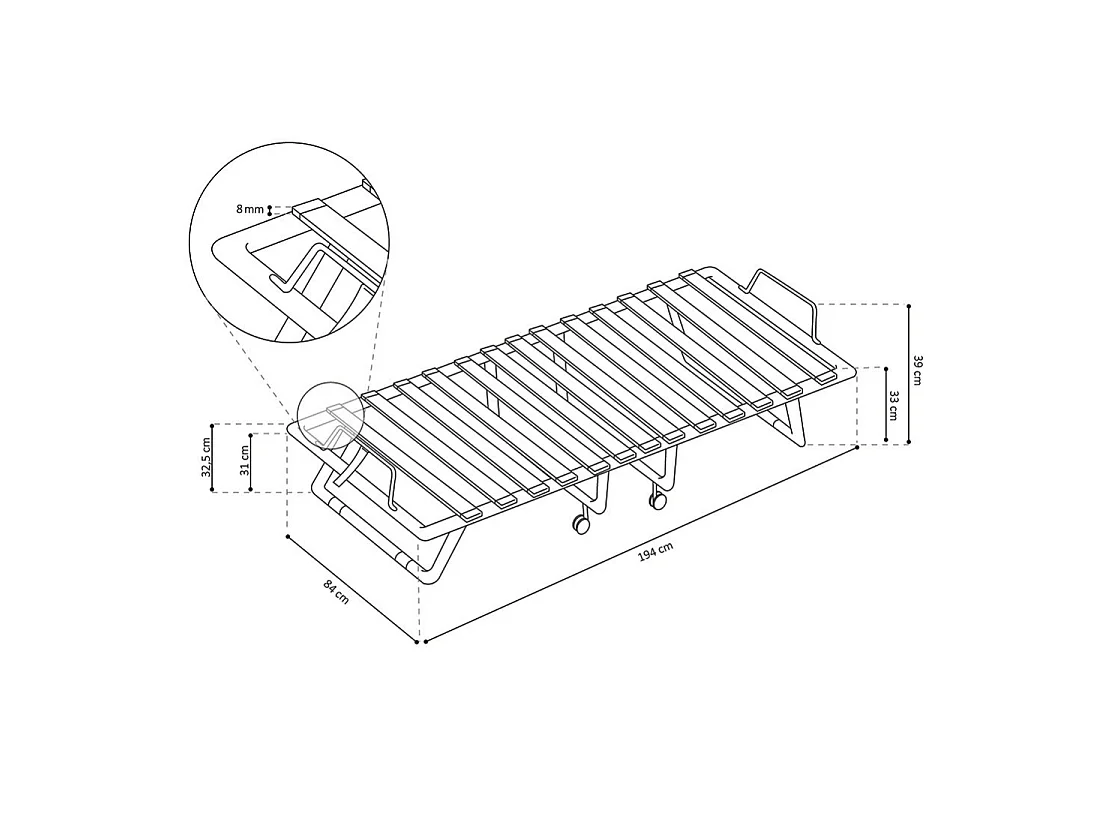 Lit pliant NAZARE – 80x190 cm en métal bleu avec roulettes, sommier et matelas inclus