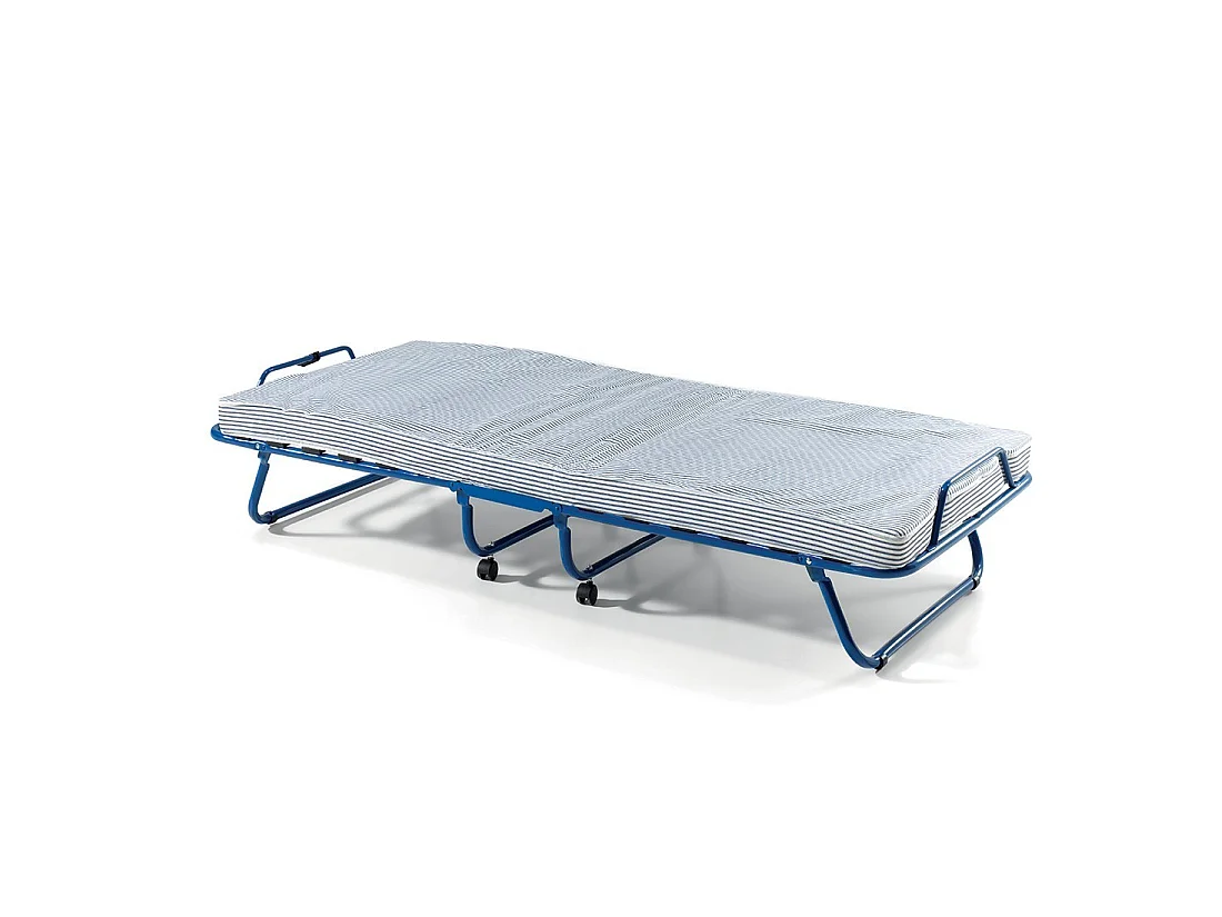 Lit pliant NAZARE – 80x190 cm en métal bleu avec roulettes, sommier et matelas inclus