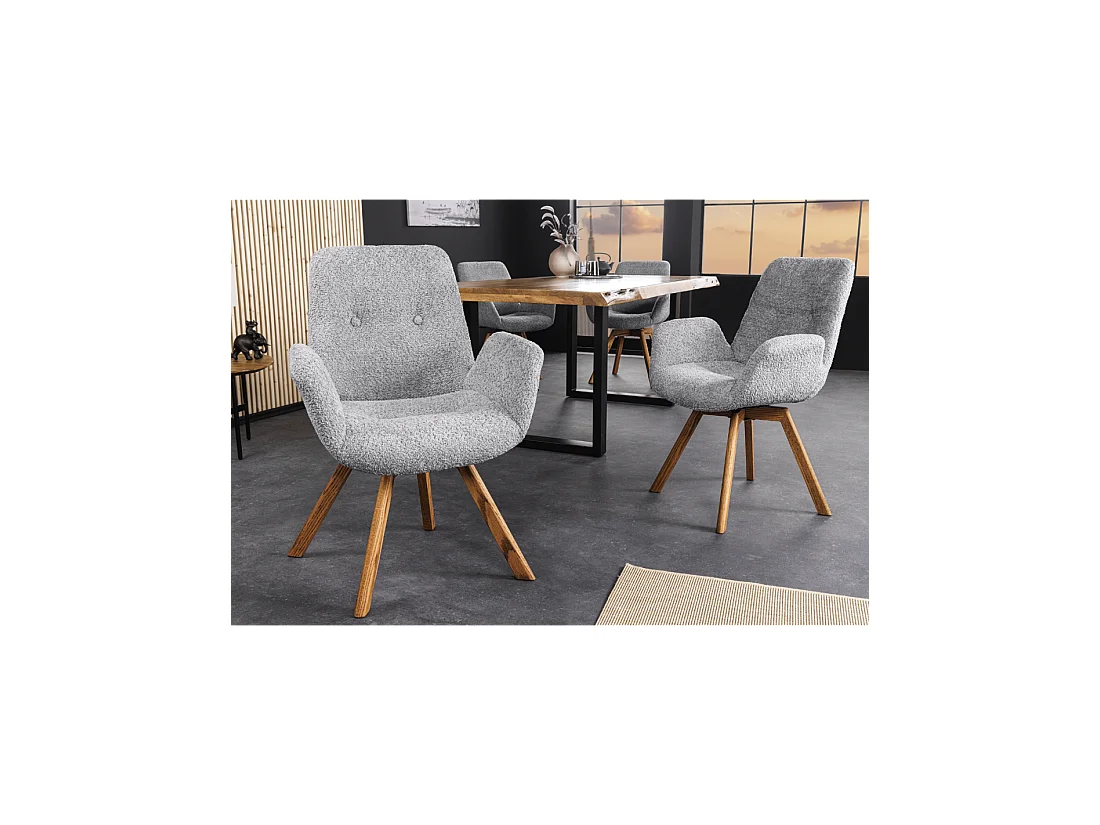 Set van 2 SORRANO designstoelen, 360° draaibaar, in lichtgrijze bouclé stof en met licht eiken poten